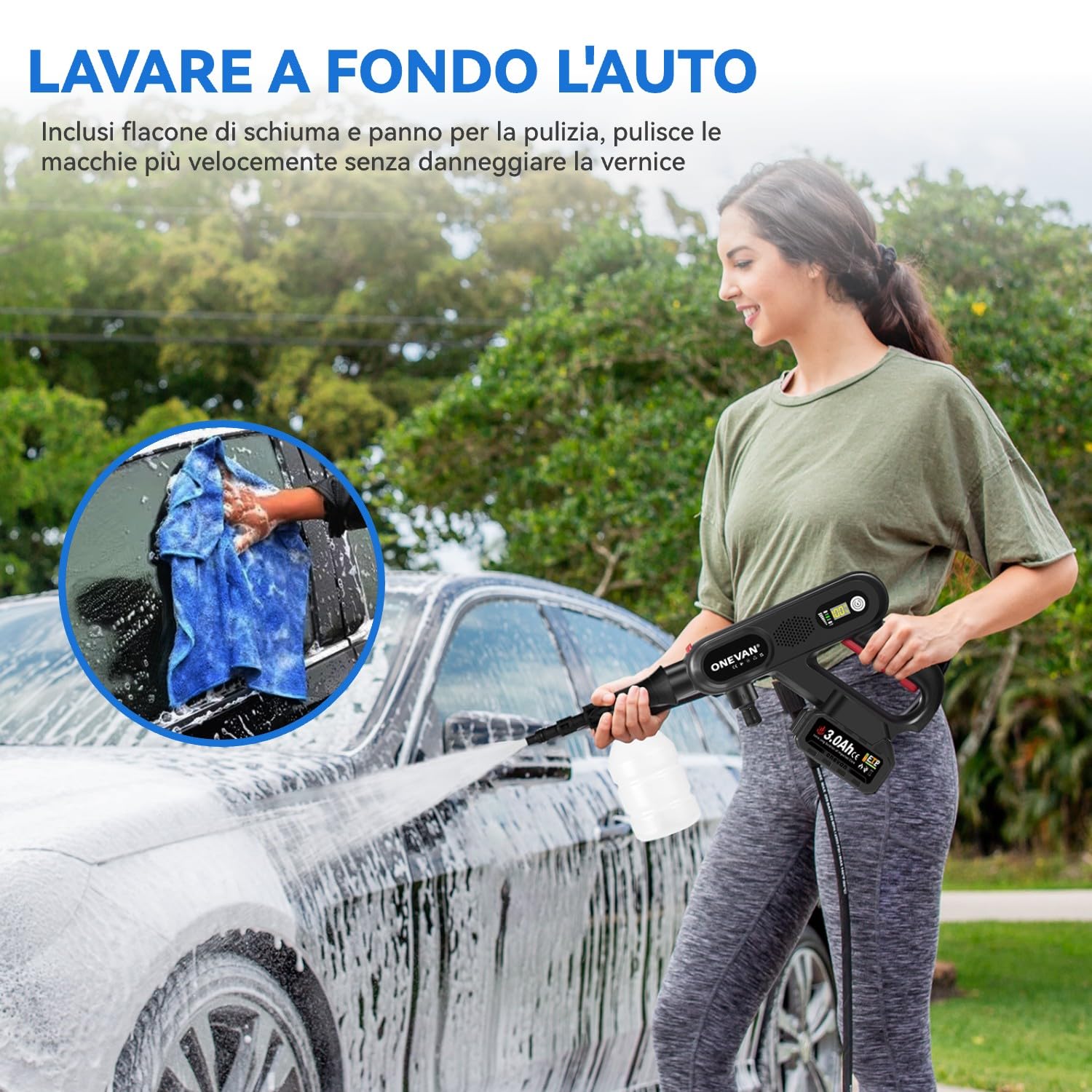ONEVAN idropulitrice a batteria, 80bar mini idropulitrice portatile con 2 batterie 4,0 Ah, display LCD, ugello 5 in 1, senza fili, con tubo da 5 m, bombola di schiuma, filtro