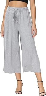 Women's Elastic Waist Wide Leg Casual Palazzo Capri Culottes Pants Soft Knit Cropped Pants