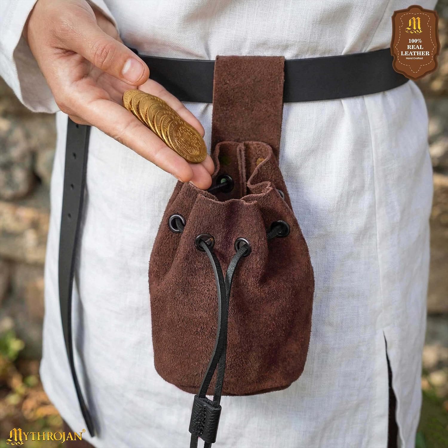 Mythrojan Drawstring Belt Pouch Medieval Suede Purse Renaissance Bag LARP Coin Pouch Cosplay Costume Accessories for Medieval Events, Reenactments, Renfair - Chocolate Brown, 5" x 6" - Image 5