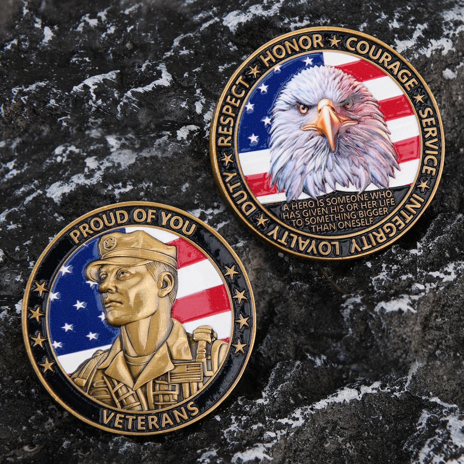 Pièce de monnaie couleur 3D du défi des vétérans américains – Jeton d'appréciation militaire double face pour l'honneur et le courage, 4,9 cm en alliage de zinc