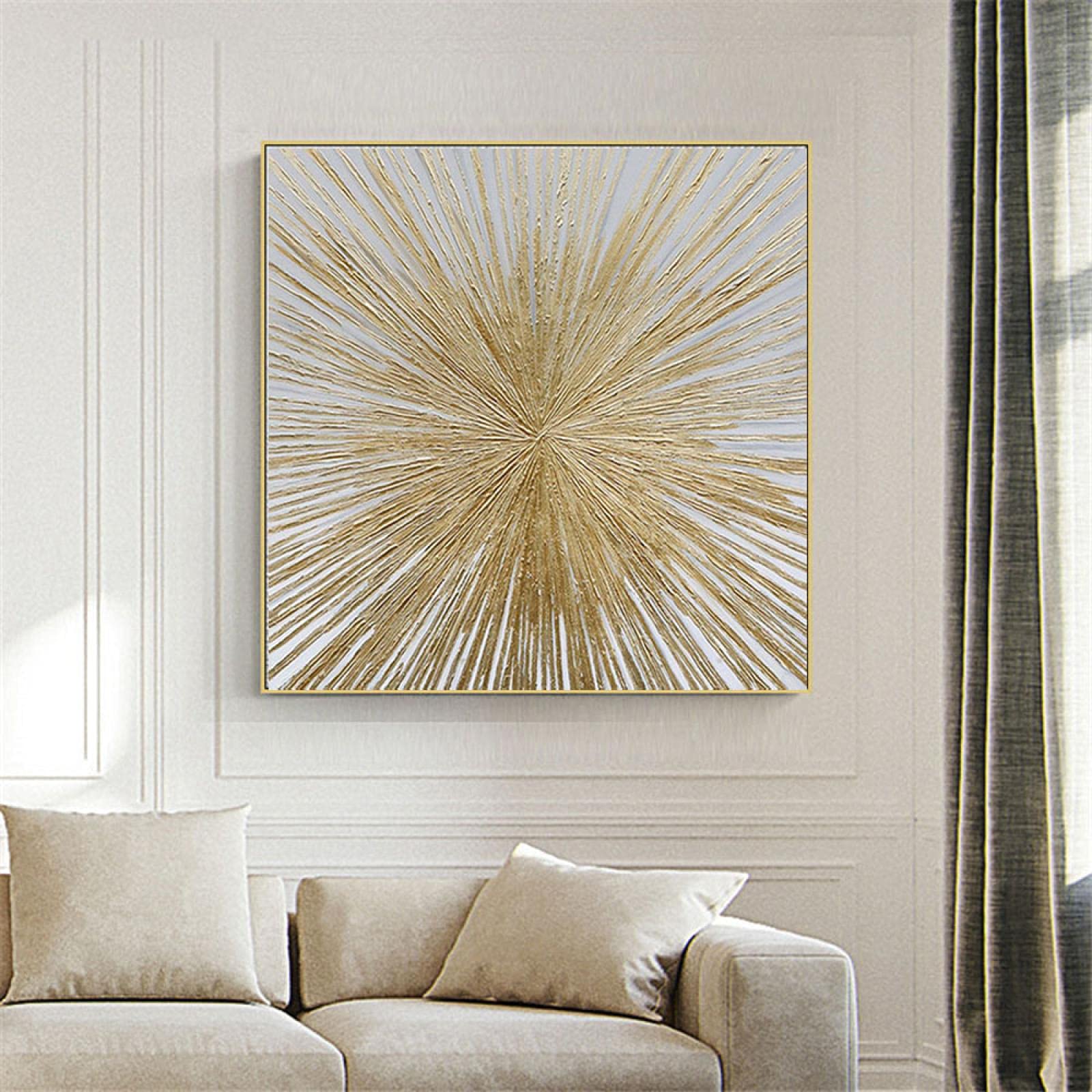 Jianghu Art Leinwanddruck konkav strukturiertes Ölgemälde auf Leinwand Goldlinien Wandkunst abstrakte brillante goldene Sonne Bürobild 70x70cm (28x28in) mit Rahmen