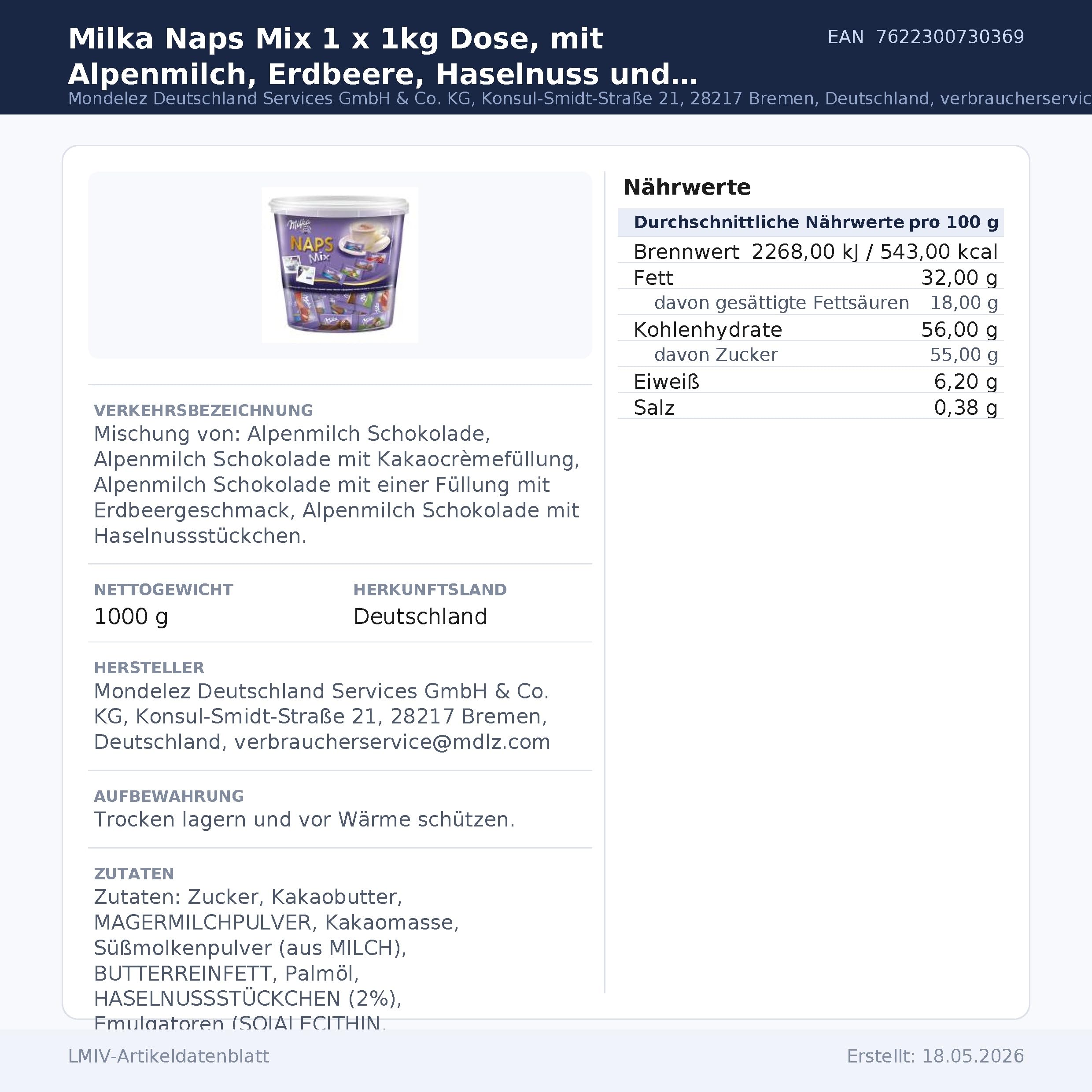 Milka Schokoladentäfelchen, NAPS Mix, Alpenmilch/Haselnuss/Crème au Cacao/Erdbeer, Klarsichtdose, 218 x 4,6 g (1 kg)