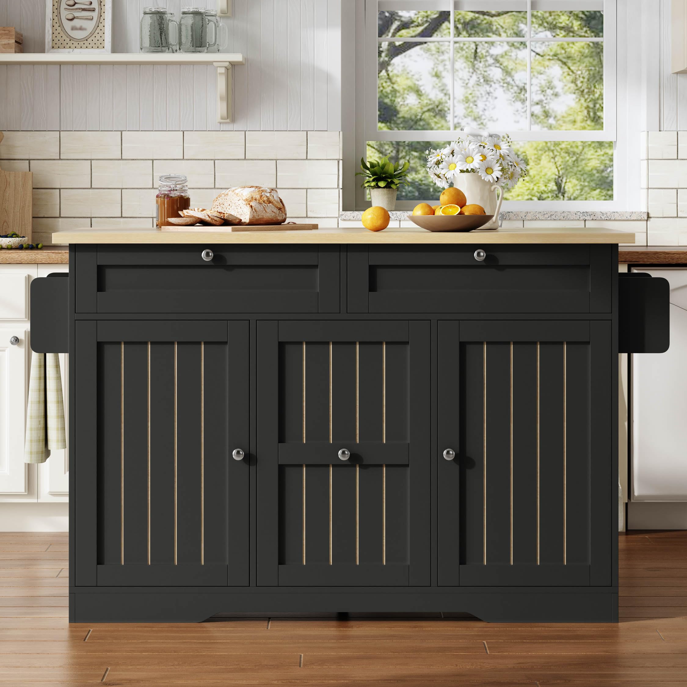 Isola da cucina mobile con piano di lavoro pieghevole, carrello da portata e armadietto, 137 x 70 x 92 cm, nero + naturale, cassetti verticali a 2 livelli, 2 cassetti grandi, ruote bloccabili