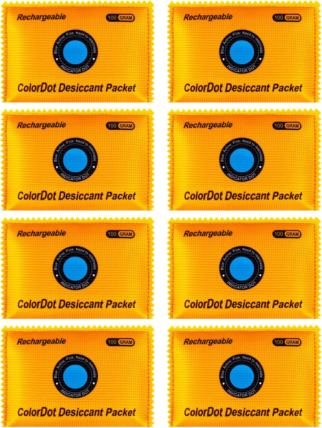 8Pack (100g Each) Rechargeable Silica Gel Desiccant Packs, Color-Indicating Moisture Absorbers for Storage Bins, Suitcases, Safes, 3D Filaments, Electronics