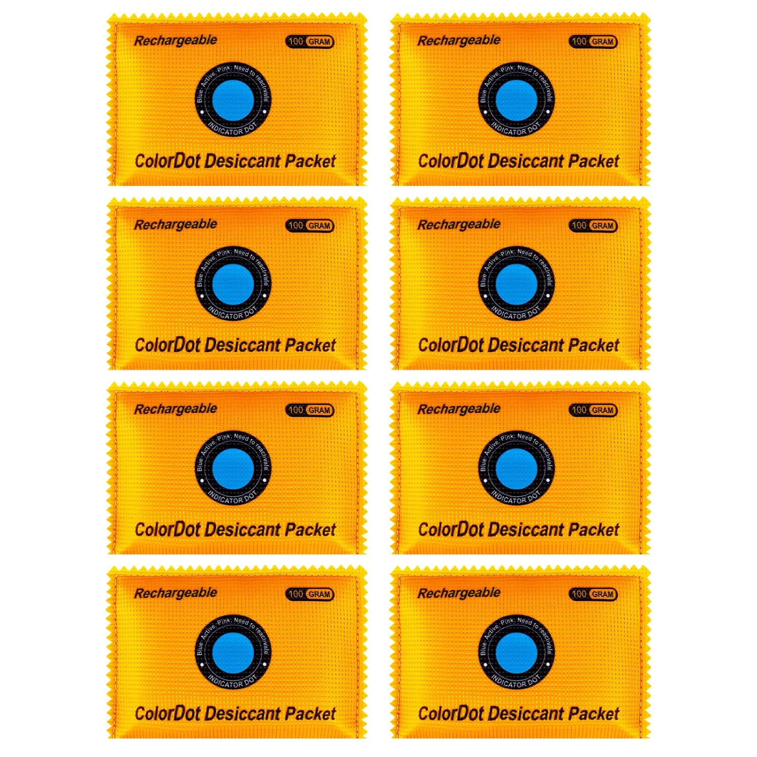 8Pack (100g Each) Rechargeable Silica Gel Desiccant Packs, Color-Indicating Moisture Absorbers for Storage Bins, Suitcases, Safes, 3D Filaments, Electronics