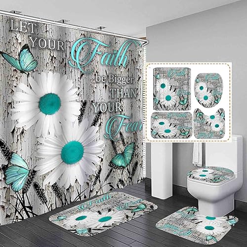 OLEBETY - Juego de 4 cortinas de ducha con diseño de margaritas y mariposas y margaritas blancas y verde azuladas, tablero de madera rústico gris
