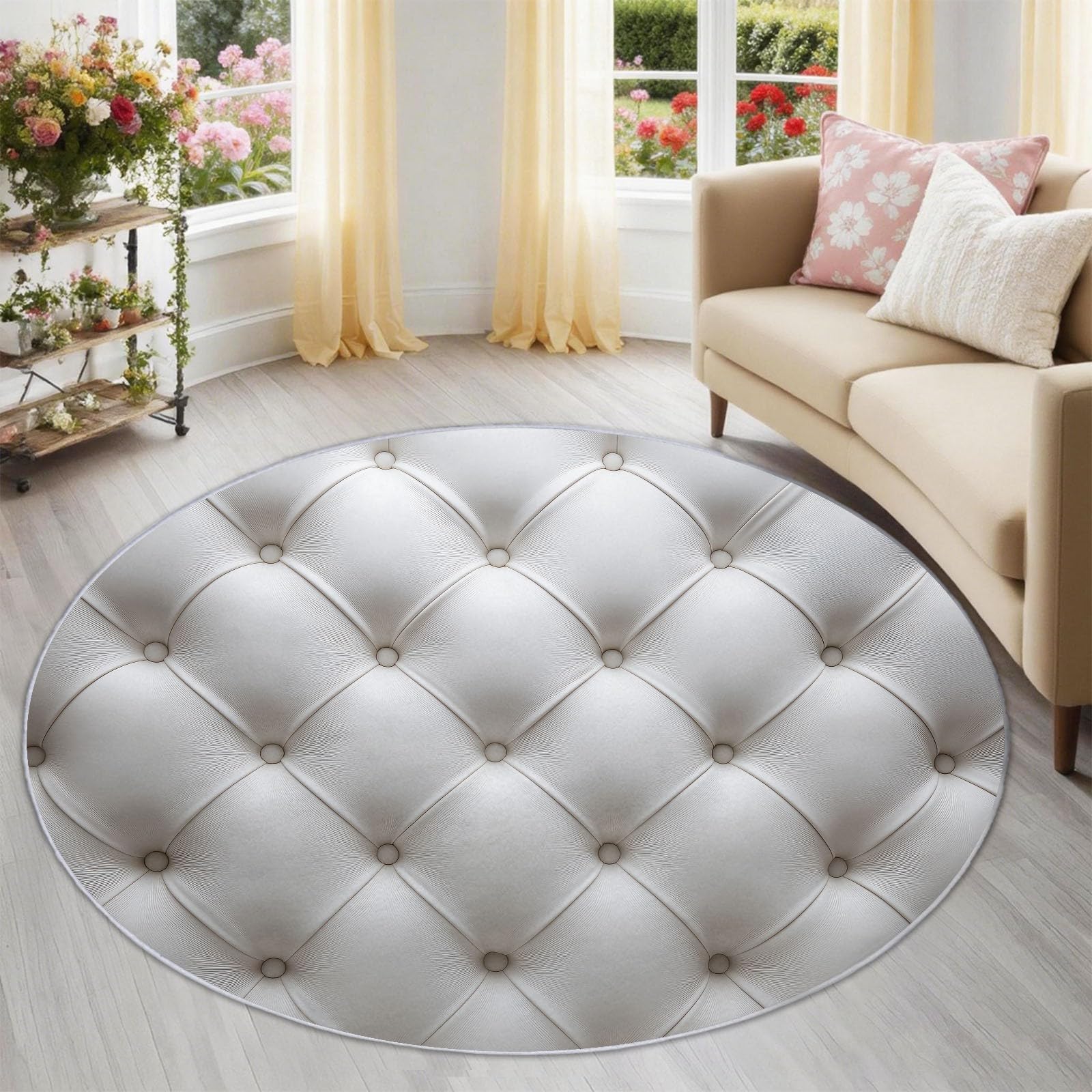 Tapis Rond 150 cm Moquette Luxe Texture Cuir Géométrique - Tapis Circulaire Simple pour Salon et Chambre, Antidérapant Lavable et Doux Poils Courts, Blanc