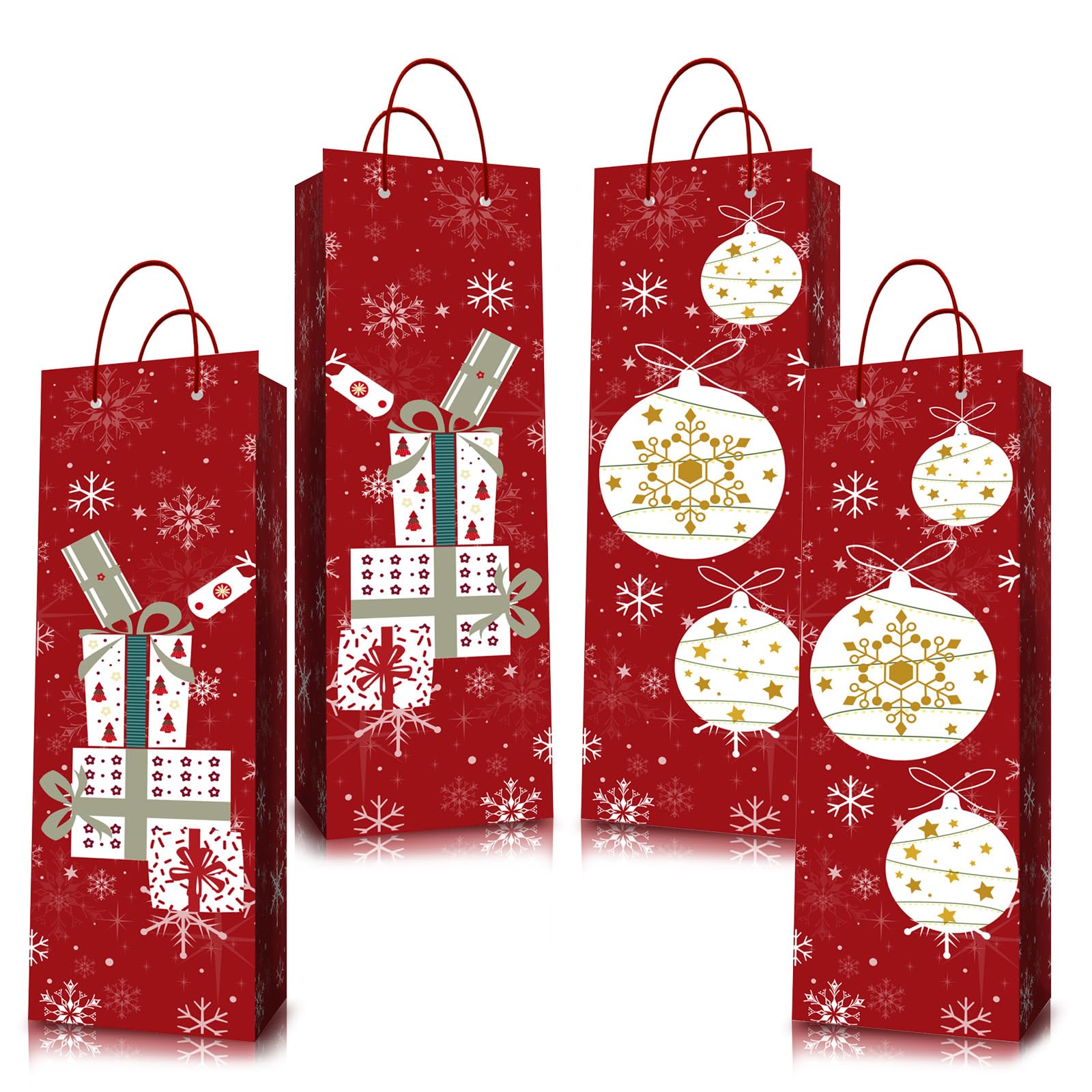 Bottle Wine Bag with Handles Bulk 4 Packs, Paper Gift Bag for Christmas Party (Red)