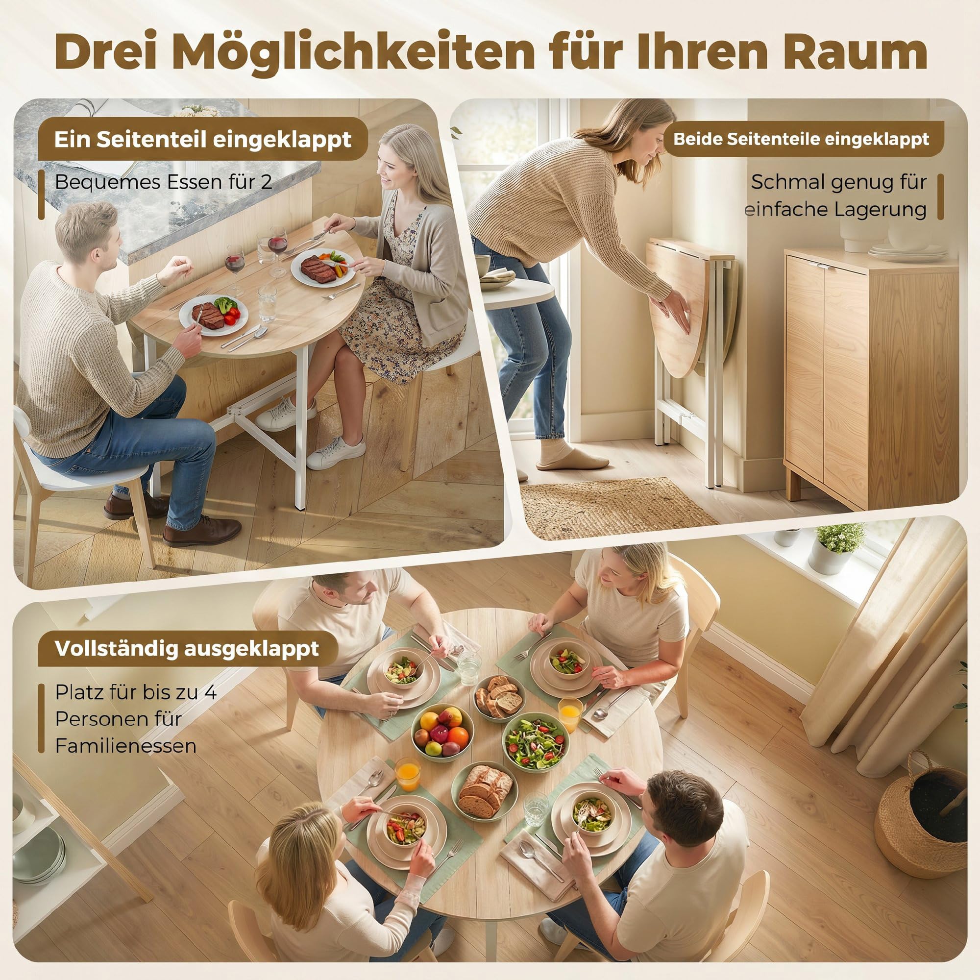 HOMCOM Esstisch Klappbarer Küchentisch für 2-4 Personen, Runder Esszimmertisch mit Stahleinen Klapptisch für Kleine Räume, Esszimmer, Küche, 80 x 80 x 76 cm, Naturholz