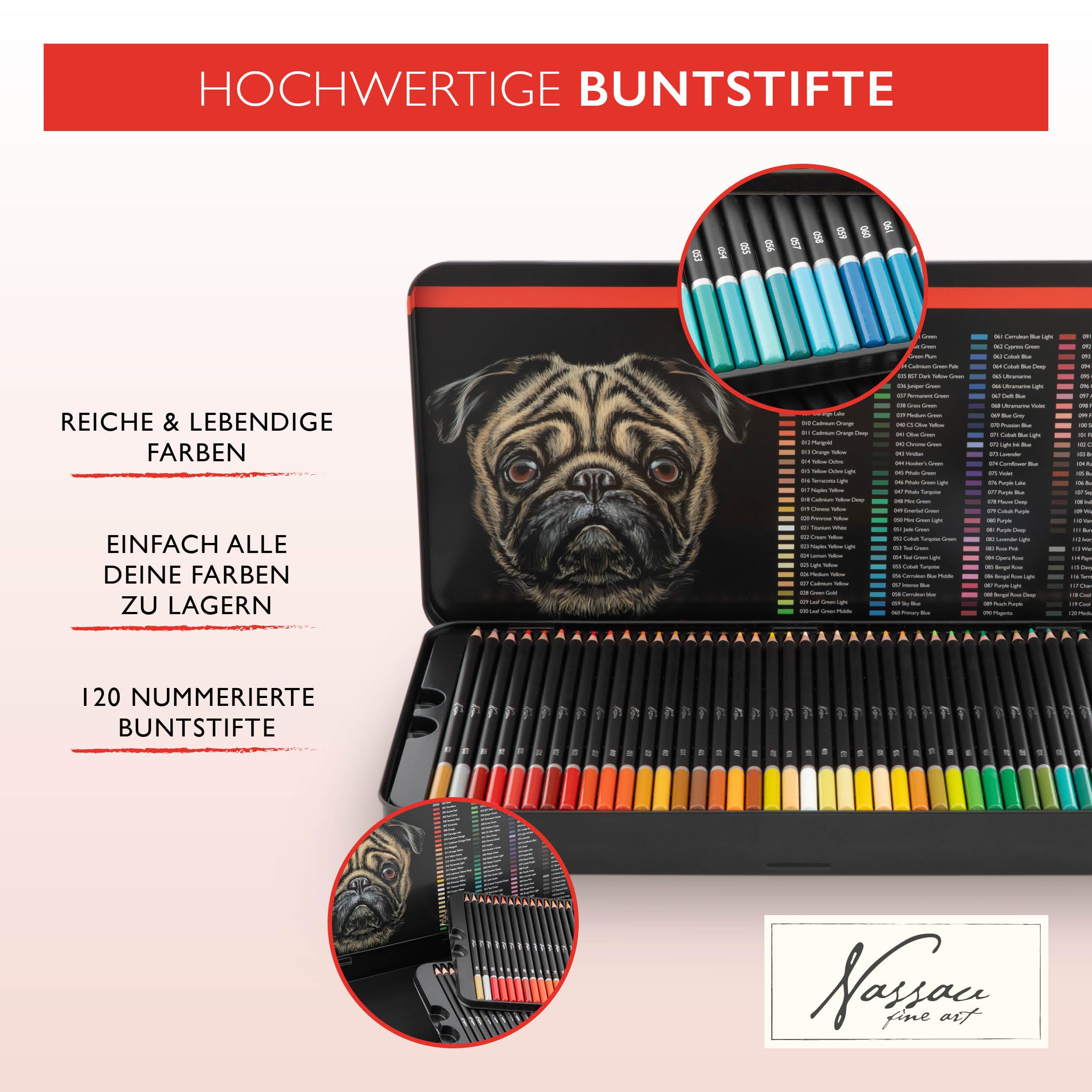 VAN NASSAU FINE ART Professional 120-teilige Buntstifte set in einer Präsentationsbox aus Blech | Holzstifte Zeichenset | Hochwertige Farbminen | für Kinder und Erwachsene