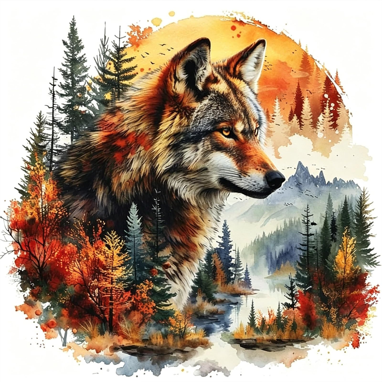 DIY Autumn Wolf Paint by Numbers Kits Drawing Paintwork on Canvas 17.72x17.72inch Without Frame Canvas Oil Painting Number Painting for Beginners Adults Gift Home Wall Decor