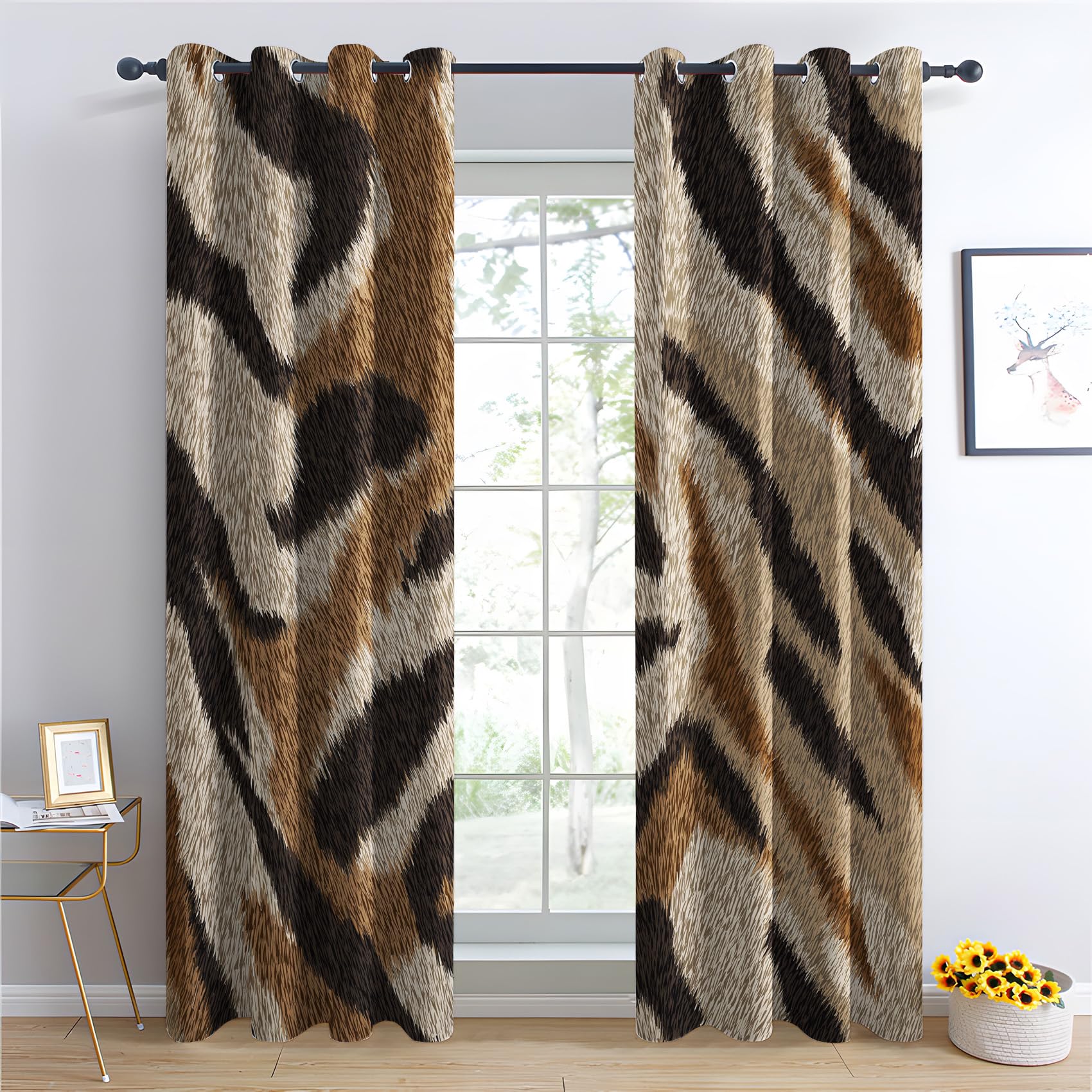 Venivici Tiger Print Blackout Curtains for Bedroom Living Room - 90 Inch Drop Curtains Eyelet, Tiger Skin Animal Print Patterned Window Treatments, Thermal Insulated Drapes 90x90 2 Panels