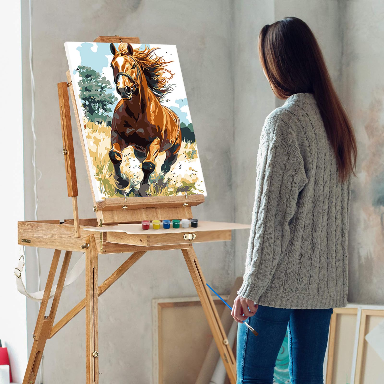 Pittura Ad Olio Con I Numeri Per Adulti E Bambini - Kit Completo 20x30 Cm Con Cornice In Legno E Magneti (Cavallo)