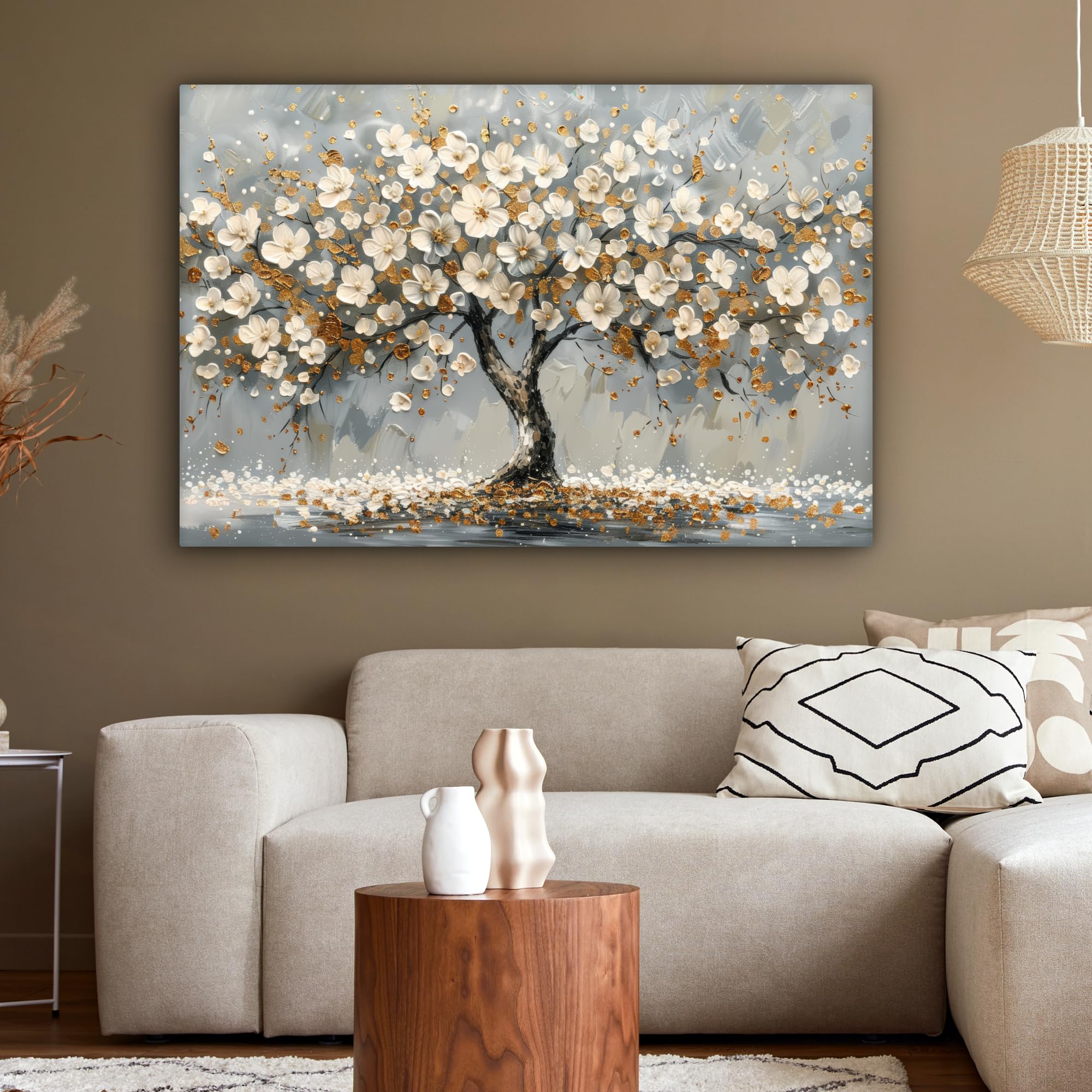 MuchoWow Leinwand Bilder 120x80 cm XXL Wanddeko Wohnzimmer Aesthetic Room Decor Modern Bild auf Leinwand Baum Blumen Weiß Natur Kunst