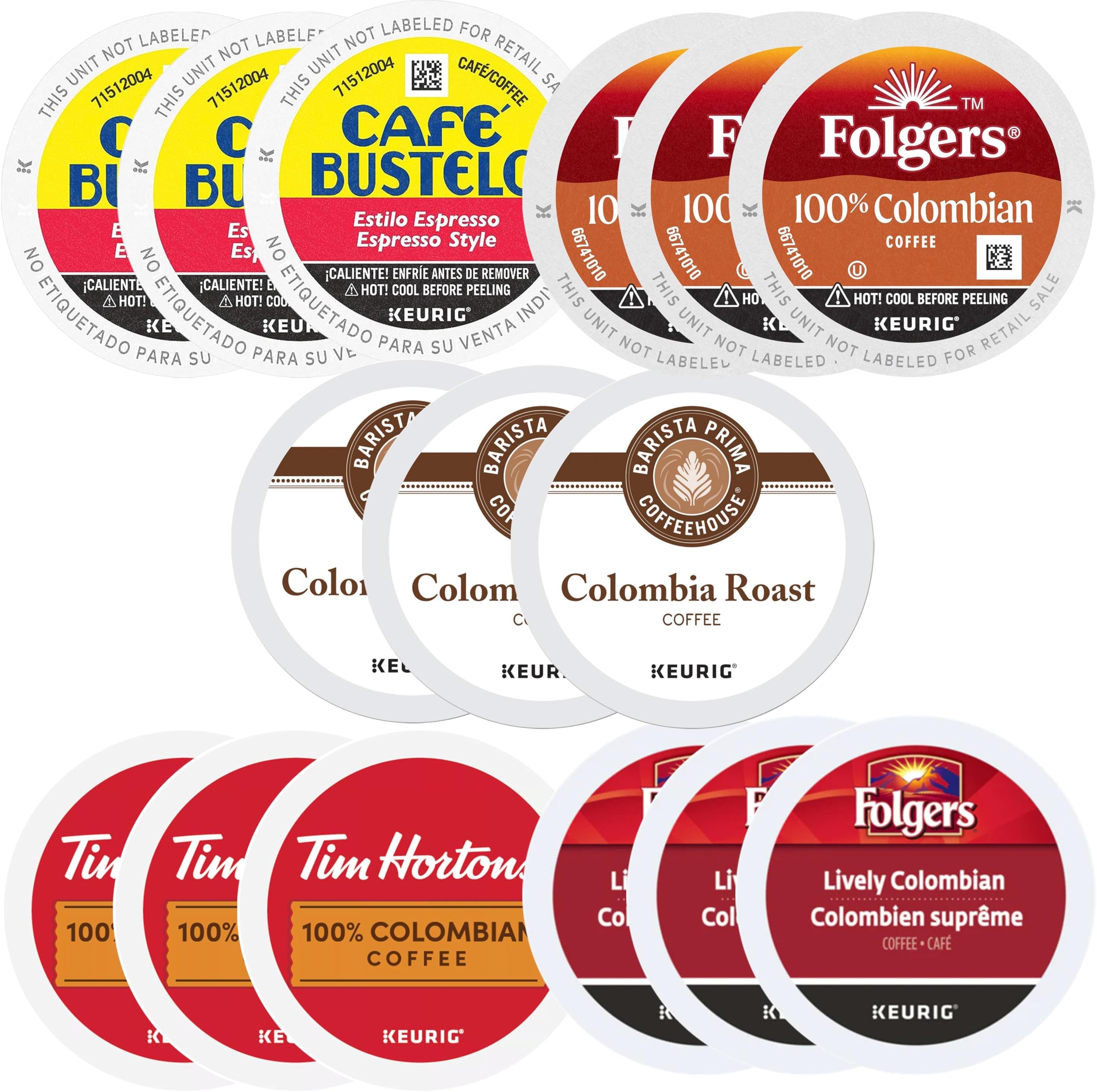 Columbian Coffee Variety Sampler Value Pack (15ct) - Five Different Flavors (3ea) from Favorite Brewers Inc Cafe Bustelo, Hortons, Barista Prime - Great Tasting 100% Colombia Flavors In One Box