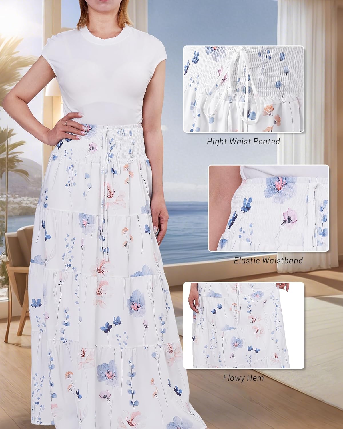 Women's Summer Flowy Boho Maxi Skirt 2025 A-Line Flowy Ruffle Tiered Drawstring Elastic High Waist Beach Long Skirts - Image 4