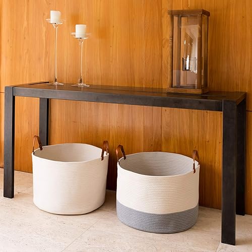 Miniatura 8 de OrganiHaus canasta de algodón extragrande con asas de cuero auténtico, 20x13.3pulgadas