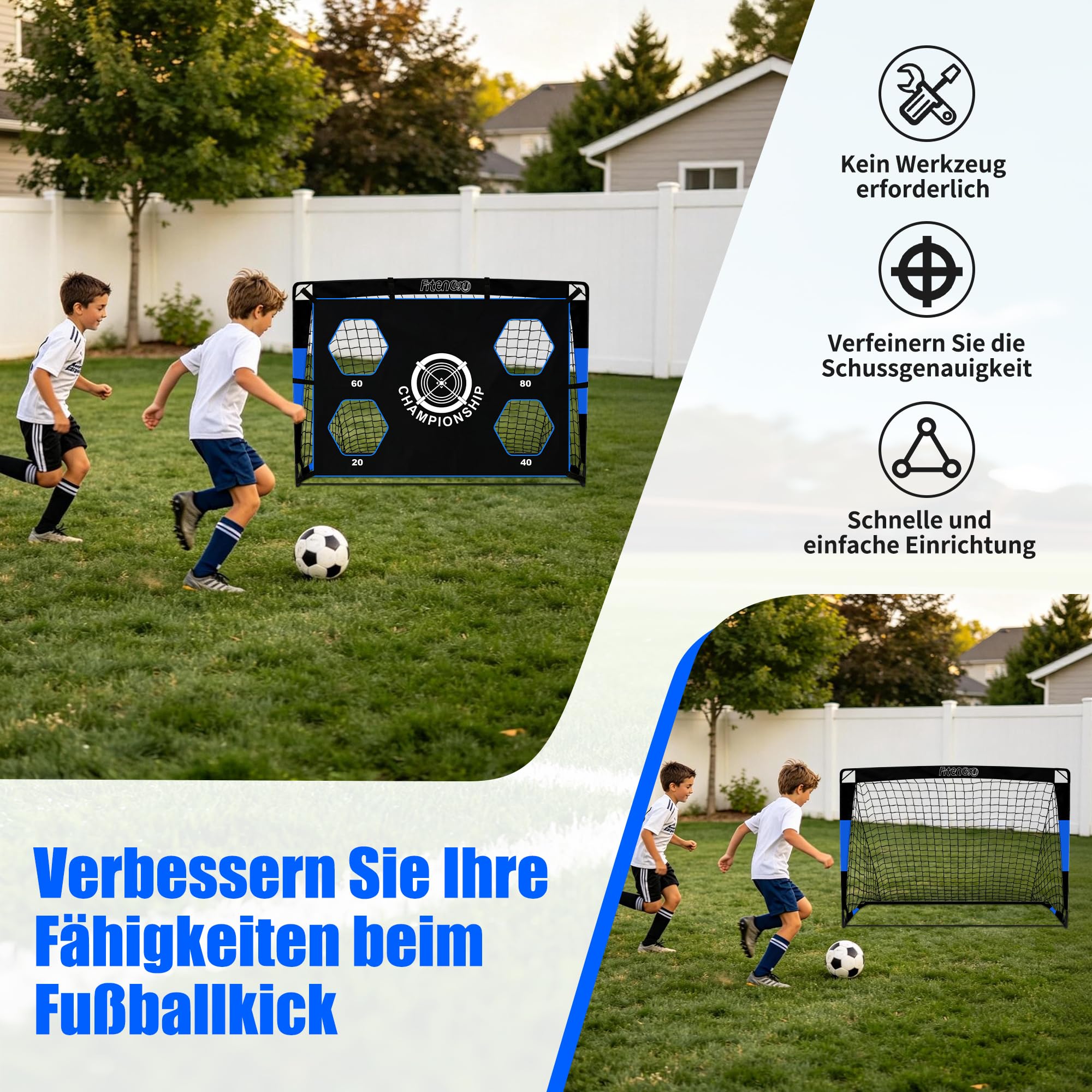 Porta da calcio, porta da calcio per bambini, per esterni, con parete 3 in 1, porta pop-up con 4 fori e borsa per il trasporto, chiodi da pavimento, 3 bersagli e 6 ostacoli (blu)
