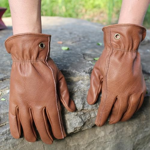 Miniatura 5 de NBLEAGLO Guantes de trabajo de cuero de vaca marrón retro para construcción, patio, jardinería con palma reforzada para hombres y mujeres