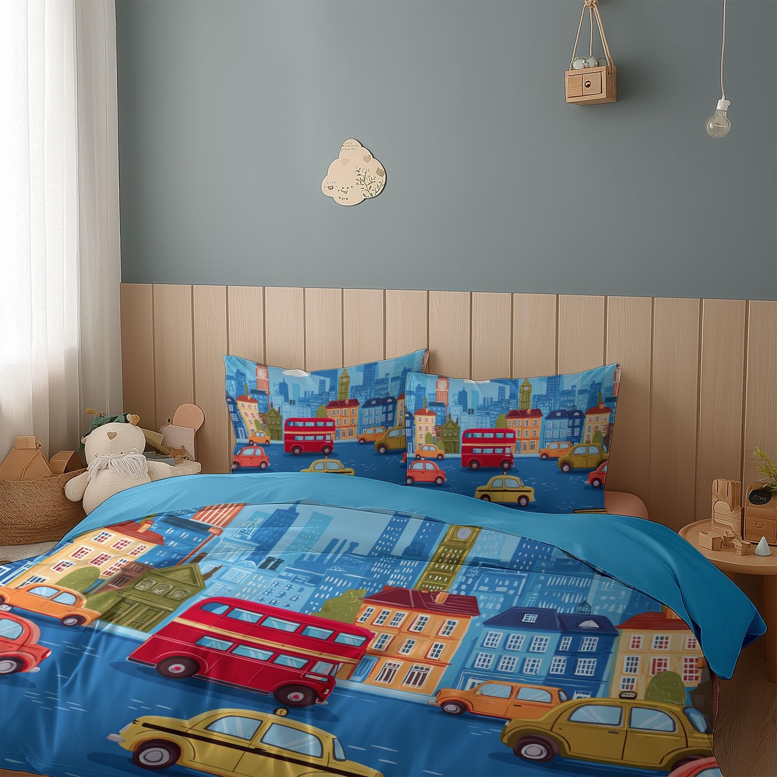Funda Nórdica Dibujos Animados Paisaje Urbano Autobús Dos Pisos Azul Claro 150 x 220 cm Ropa de Cama 3 Piezas, Juego de Funda Edredón para Cama 90, para Habitación Infantil De Chicos Y Adolescentes
