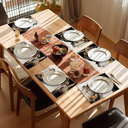 Miniatura 7 de Juego de 6 manteles individuales blancos y negros, lavables, resistentes al calor, de 12 x 18 pulgadas, manteles individuales de lino con mármol