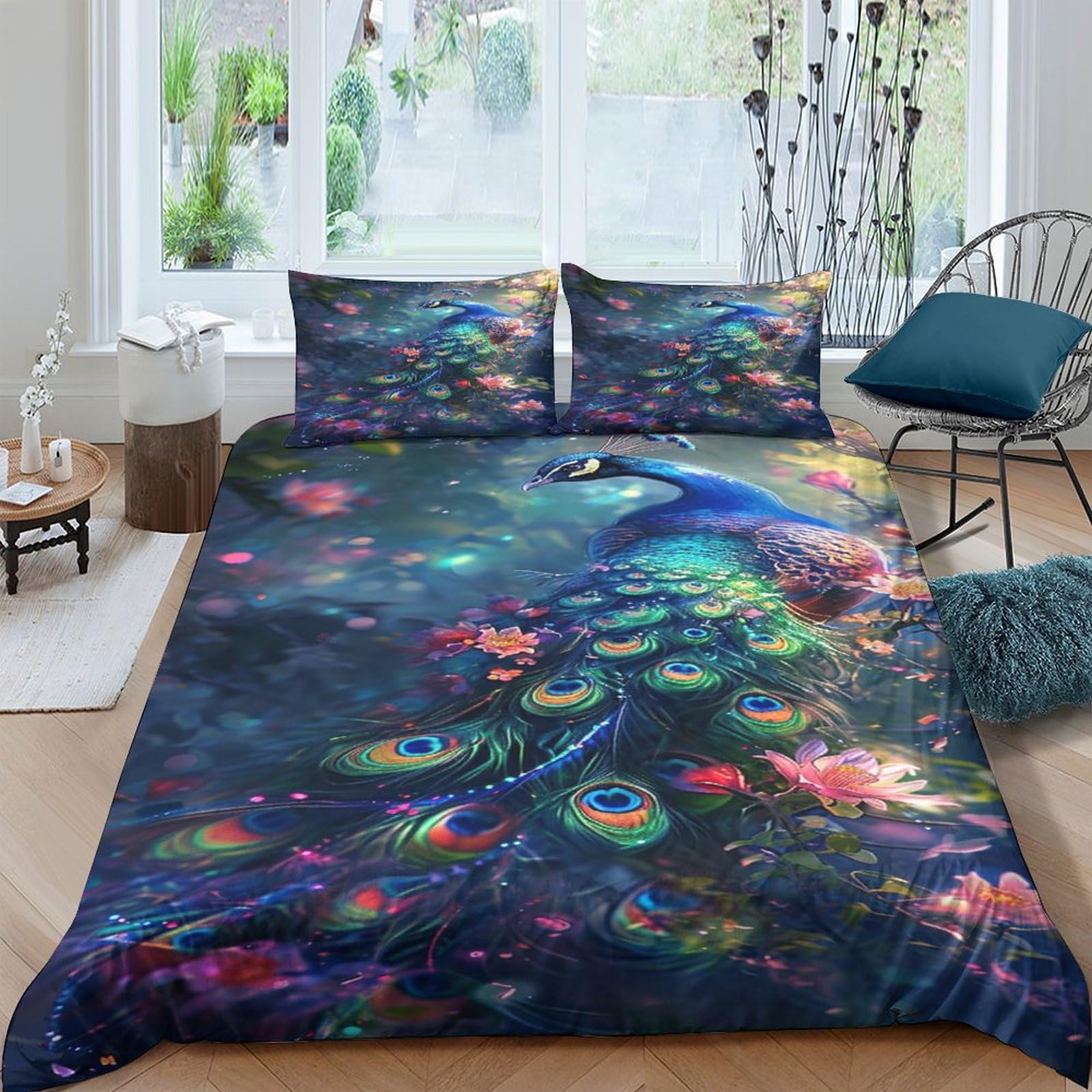 NRAOPEVVD Peacock Duvet Cover Sets 3 PCS Hotel Quality Quilt Cover Bedding Set Bed Covers with Pillowcases with Zipper Closure Ultra Soft Anti Allergic Microfiber King（220x240cm）