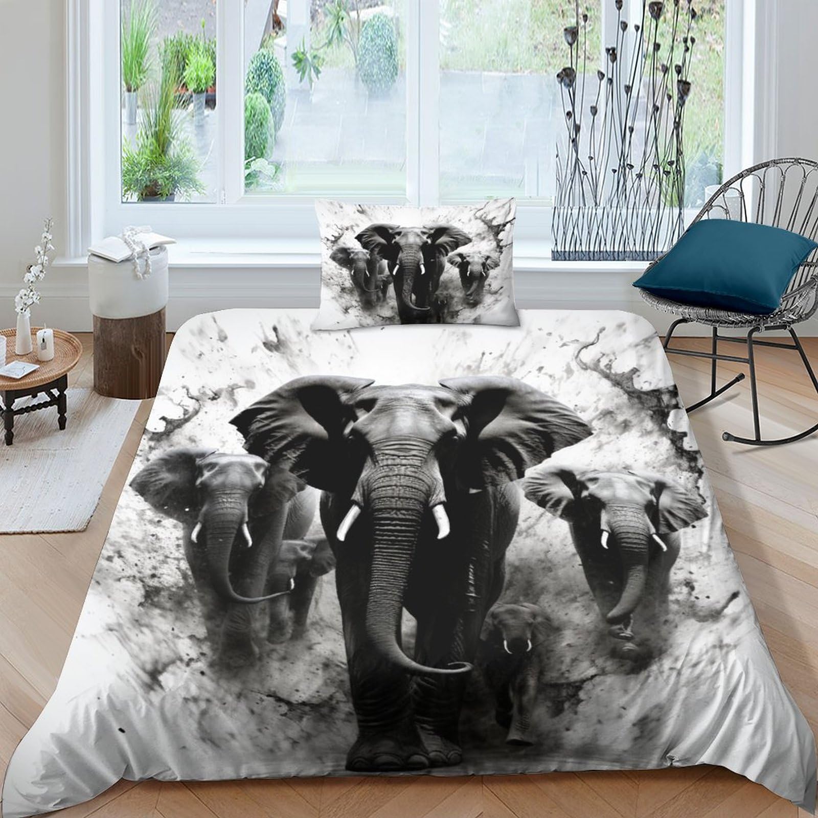 Geeyou Elephant-3 Elephant Comfortable Quilt Cover Set Hidden Zipper African Elephant Duvet Cover Set With Pillowcases Comforter Cover Soft Microfiber Bedding Set Various Sizes Single（135X200cm）