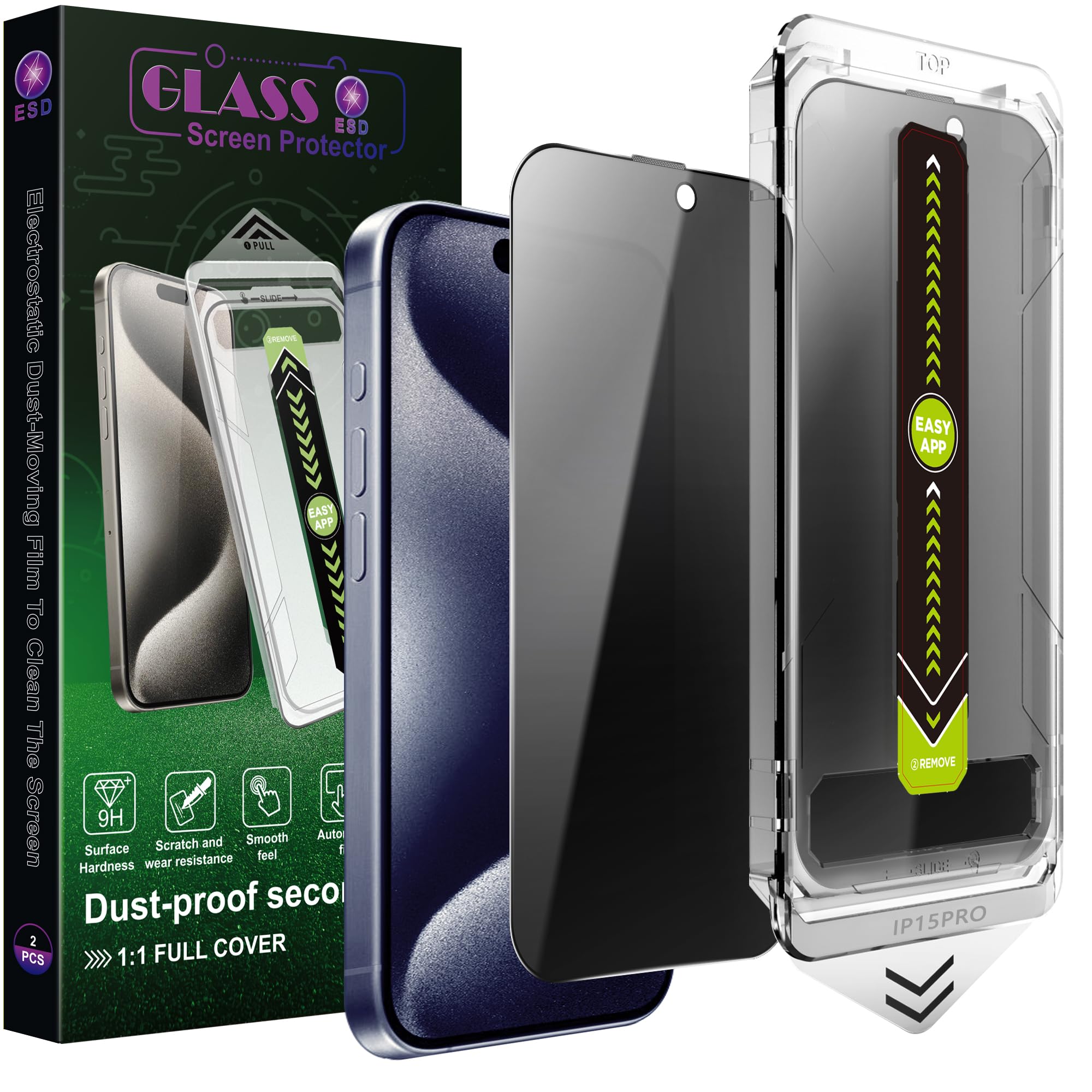 2 Pack Anti-Spy Privacy Screen Protector for iPhone 15 Pro (6.1-Inch),9H Tempered Glass,Full Coverage,Anti-Fingerprint,Auto Dust Removal,Bubble-Free,Easy Installation