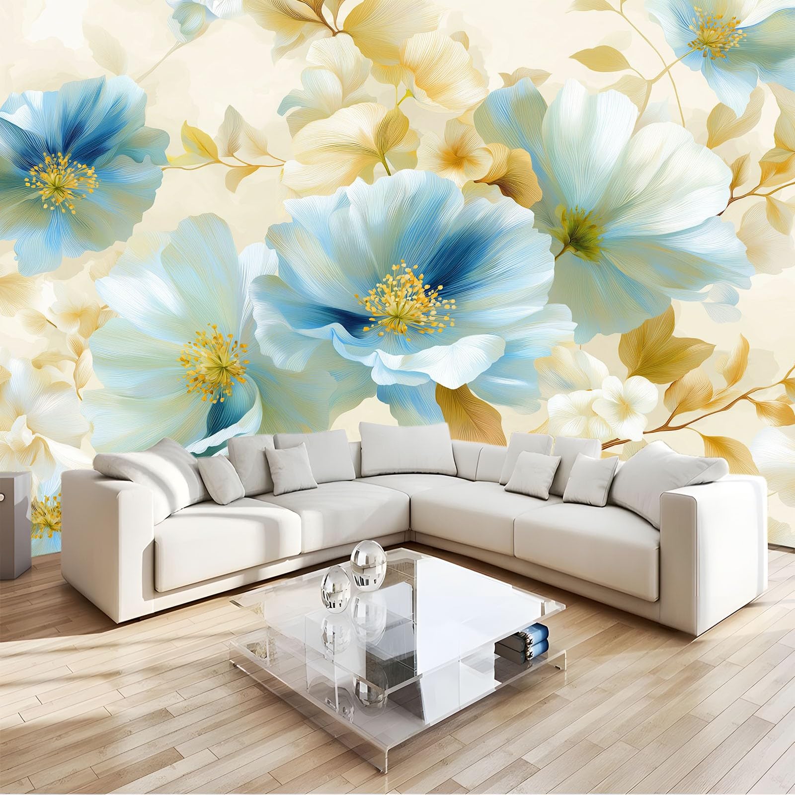 Générique Panoramiczna tapeta akwarelowa kwiaty rośliny liście jasnoniebieska, tapeta z włókniny 3D, do pokoju dziecięcego i salonu, dekoracja ścienna XXL 350 x 256 cm