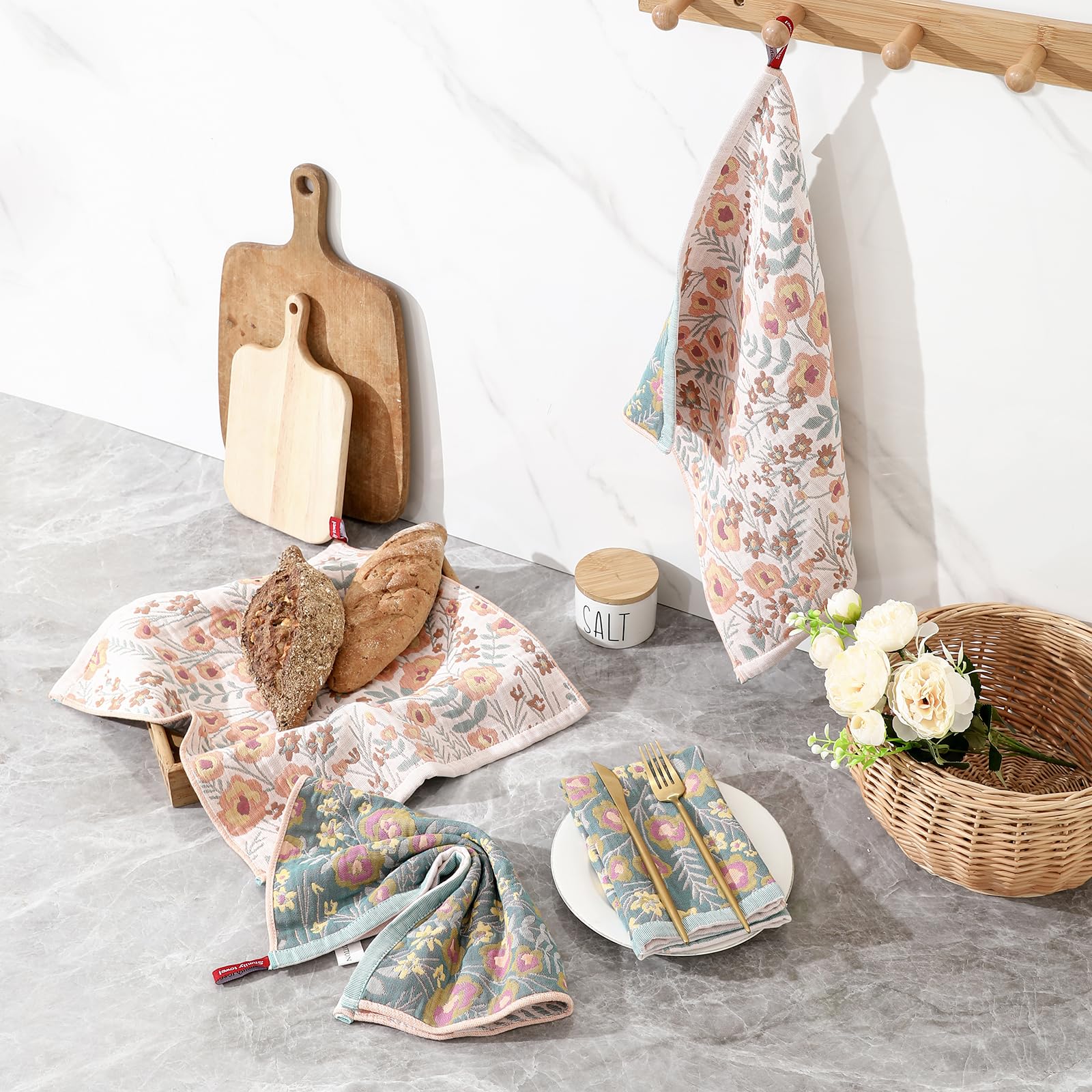 HOORDRY Strofinacci da cucina in 100% cotone, confezione da 8, asciugamani super assorbenti con passante per appendere per cucina e bagno con grazioso motivo floreale, strofinacci decorativi spessi 41