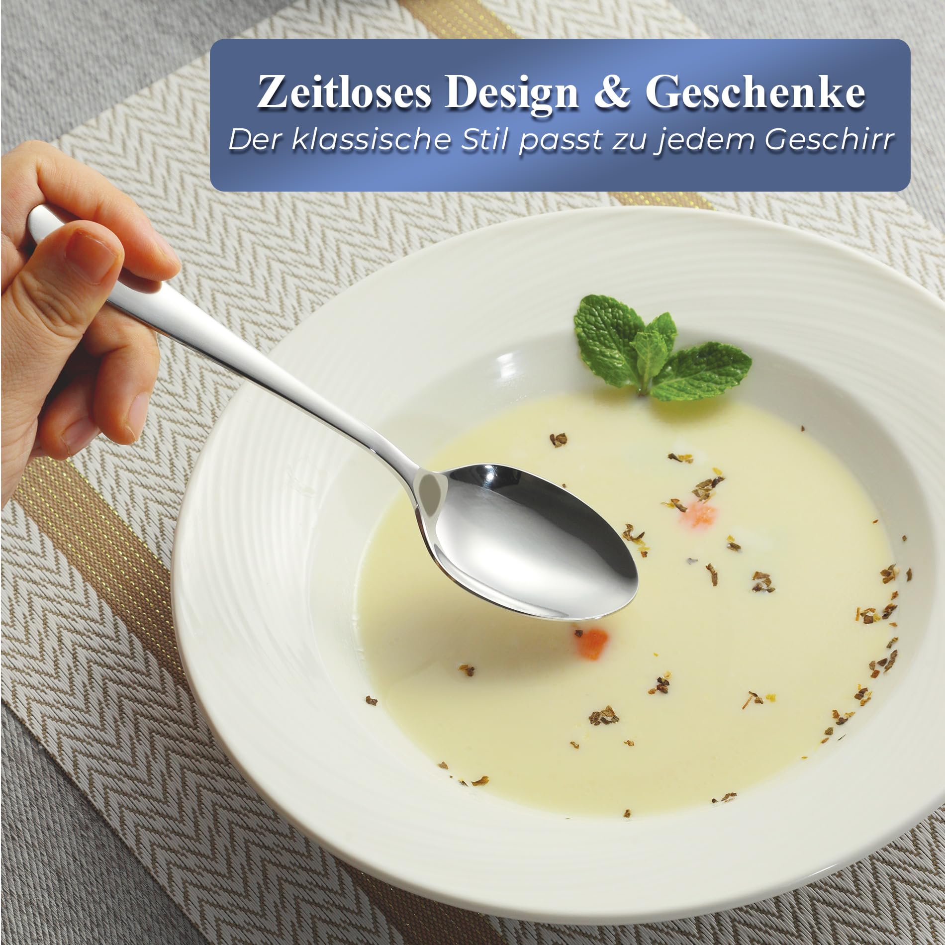 personalisierbarer Löffel Set mit Gravur, 12 Stück Esslöffel, 20cm | Edelstahl Suppenlöffel, Individuelles Geschenk für Hochzeit/Geburtstag, Tafellöffel, Spülmaschinenfest, Spiegelpoliert