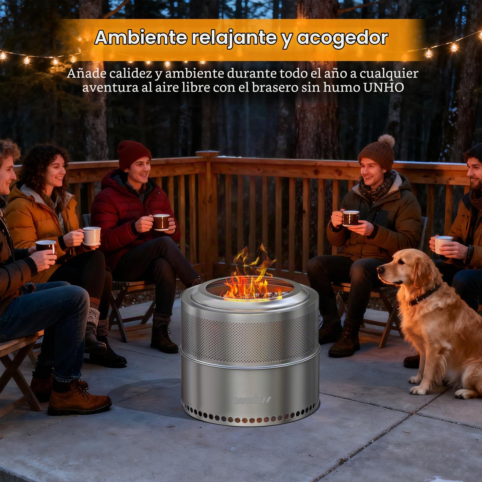 UNHO Brasero Leña de Acero Inoxidable Portátil - Estufa con Agujeros de Aire para Exterior para Jardín Camping Terraza, 50cm