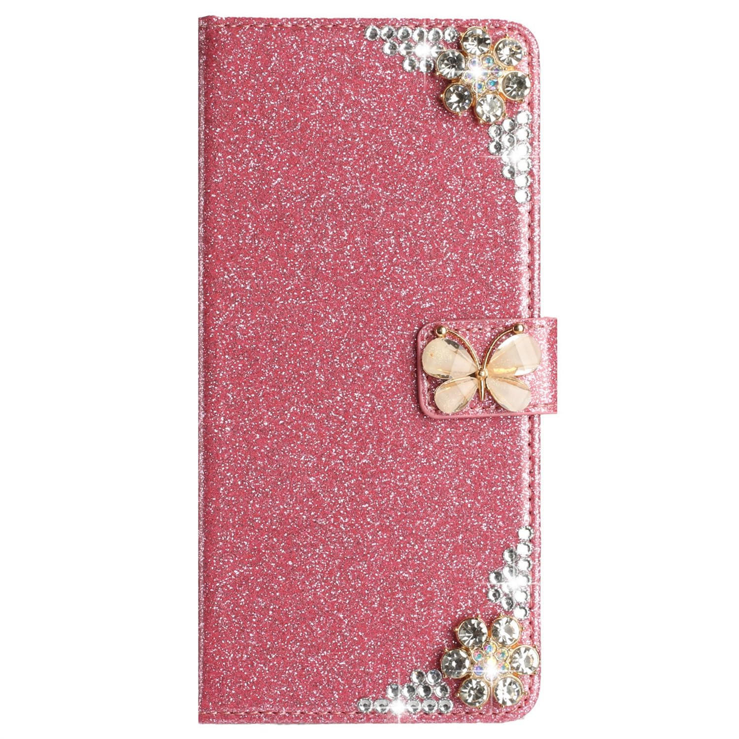 XYX Wallet Case for iPhone 12/iPhone 12 Pro, Big Diamond Butterfly Diamond Flip Card Slot Luxury Girl Women Phone Cover, Pink