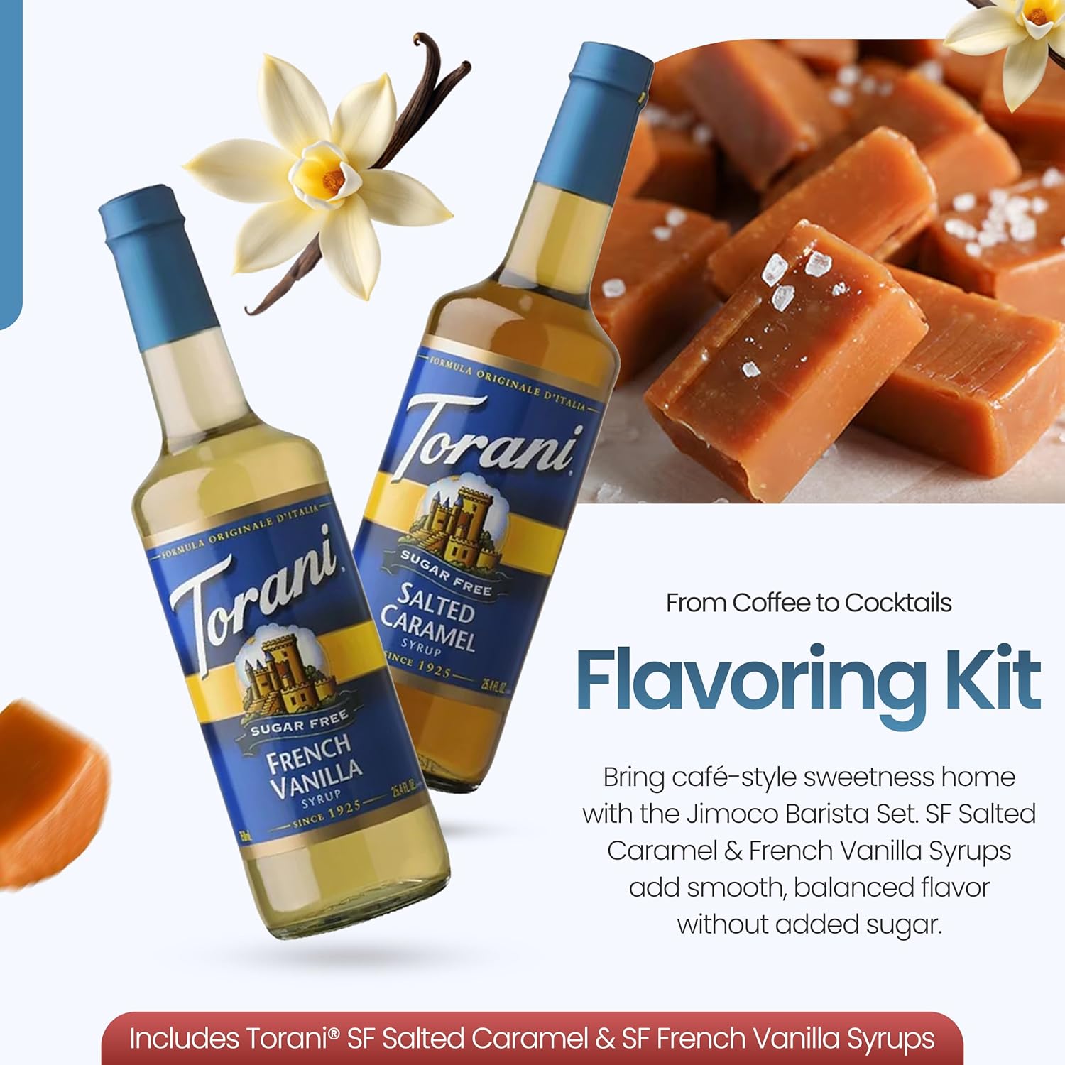 Jimoco Barista Set – Torani Sugar Free Salted Caramel & French Vanilla Syrups (25.4 oz Each) with 2 Jimoco Syrup Pumps, Reusable Cups, Straws & Stirrers – Coffee, Italian Soda & Cocktail Flavoring Kit