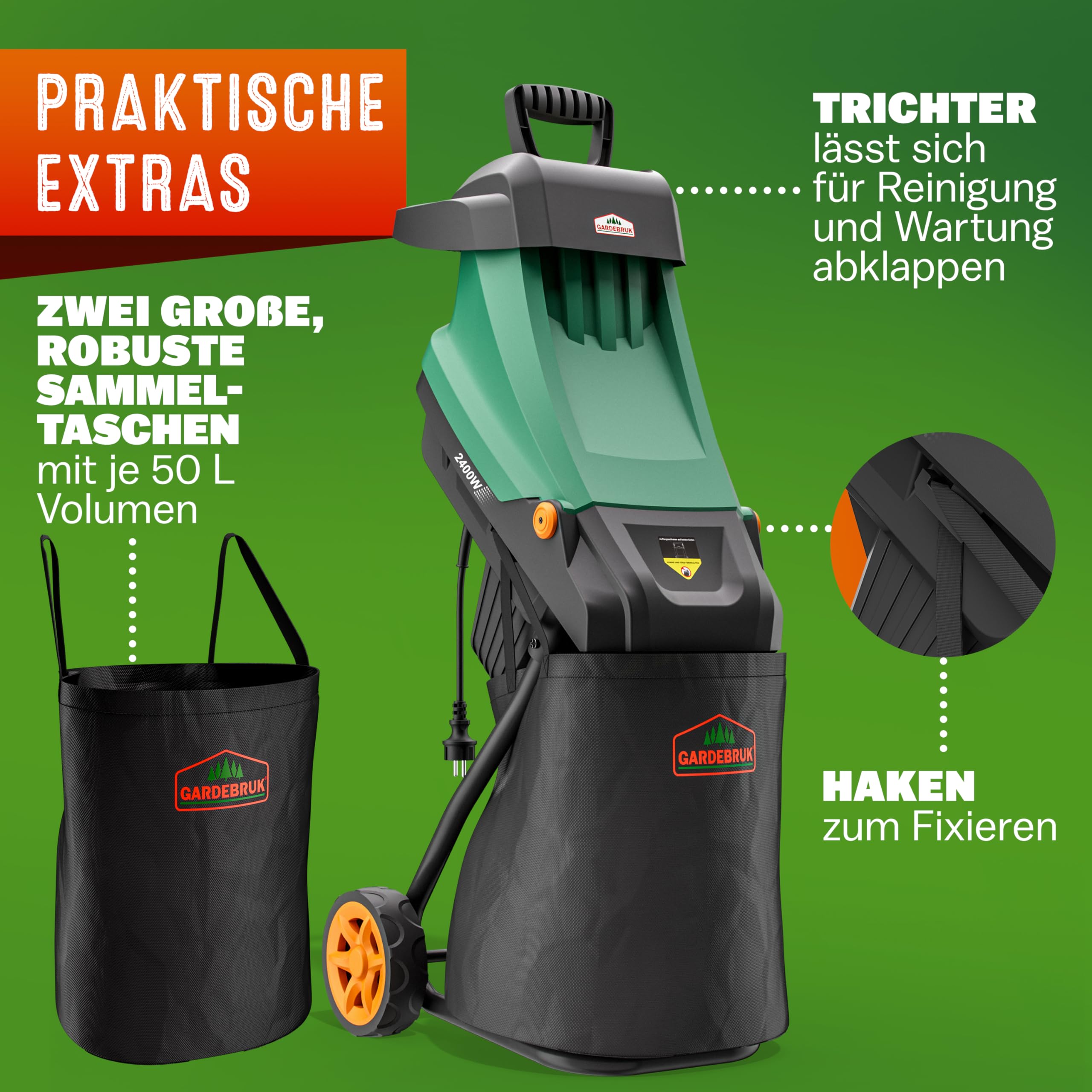 GARDEBRUK® Gartenhäcksler 2400 W 45 mm Aststärke Elektrisch 2x 50 L Auffangbeutel