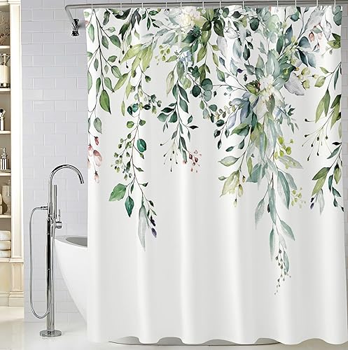 Miniatura 1 de Cortina de ducha de hojas de eucalipto verdes, cortina de ducha floral de plantas de acuarela, cortina de ducha botánica impermeable de tela con 12