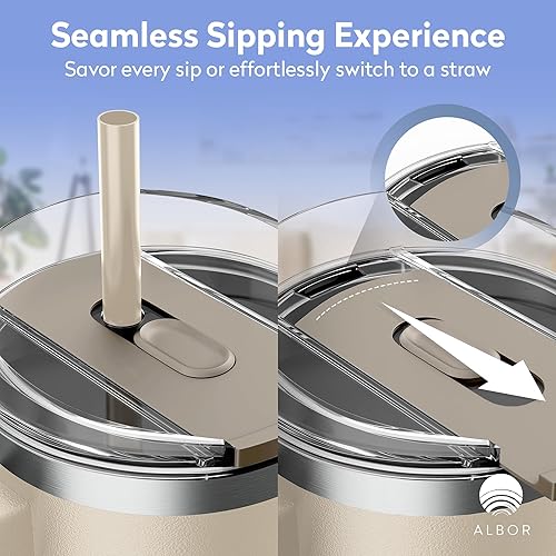 Miniatura 3 de ALBOR Vaso de 40 onzas con tapa y popote, vaso aislado de acero inoxidable duradero con asa, a prueba de fugas, botellas de agua a prueba de