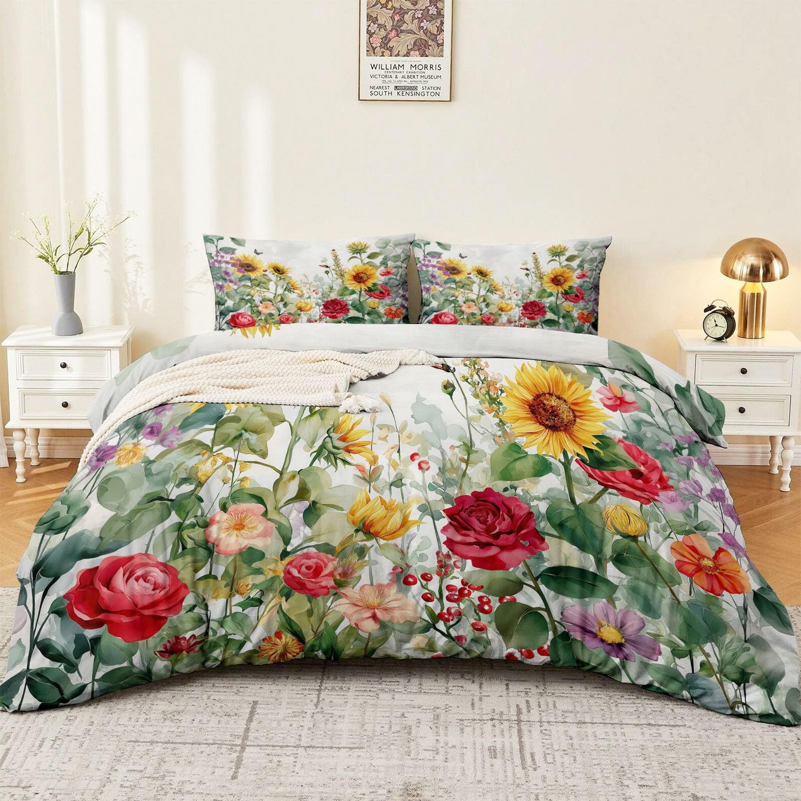 Pastoral - Copripiumino 140 x 200 cm, multicolore morbido in microfibra, biancheria da letto, acquerello, fiori girasoli con 2 federe con cerniera per adulti, ragazza ragazzo