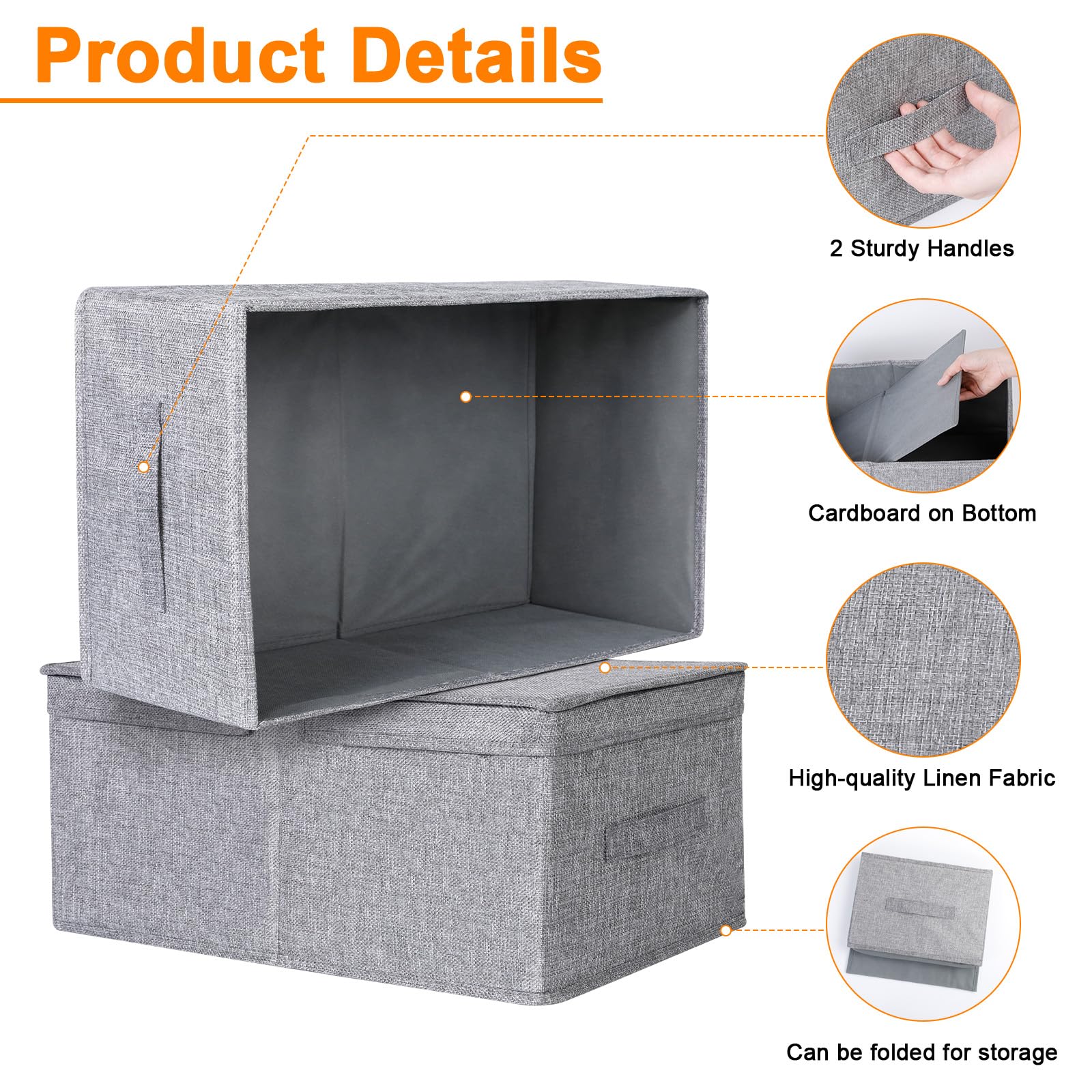 Cozary Boîte de Rangement avec Couvercle - Design Rabattable, 29L Capacité, En Tissu Lin, Pliable et Empilable, Idéale pour Vêtements et Accessoires - Gris - 48x29x21cm