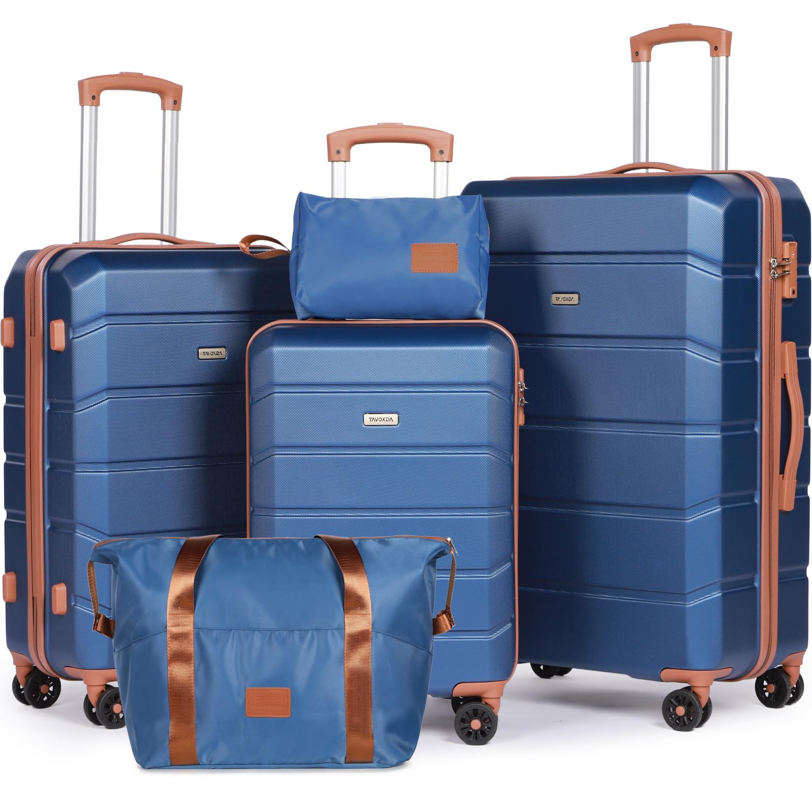 H.yeed Set di valigie 5 pezzi, valigie da viaggio leggere con ruote in ABS rigido, dotate di 4 ruote piroettanti e lucchetto TSA, per uomo e donna, 21"+24"+28"+borsa da viaggio e beauty case, blu