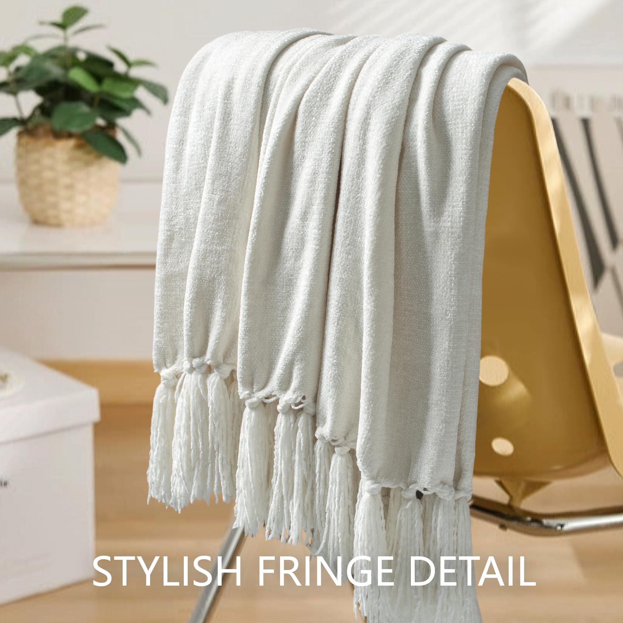LONG CREATE Chenille Throw Blanket for Couch 60"X 80" Twin, Soft Cozy Throw Blanket with Fringe Tassel for Bed Sofa Chair, Lightweight Knitted Decorative Farmhouse Boho Blanket for Gift, Ivory White