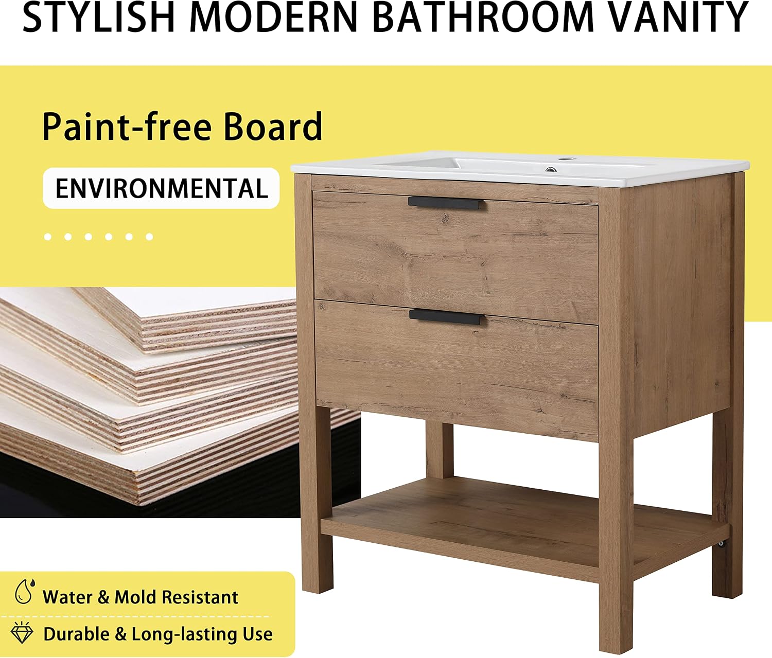 30" Bathroom Vanity with Sink, 30 Inch Freestanding Bathroom Vanity, Modern Bathroom Vanity, Brown Floor Standi Cabinet Set