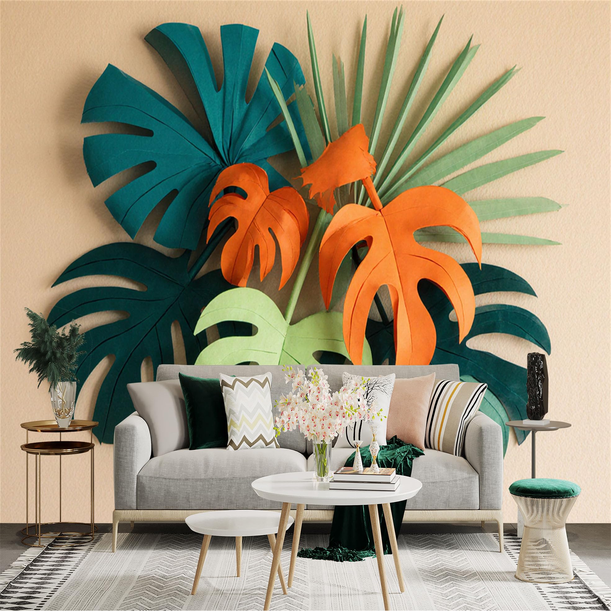 Custom Size Wall Sticker Mural， Abstract Colorful Paper Cut Tropical Leaves， Artistic Botanical Plant Design， for wall Decoration， peelandstick wall Decals.