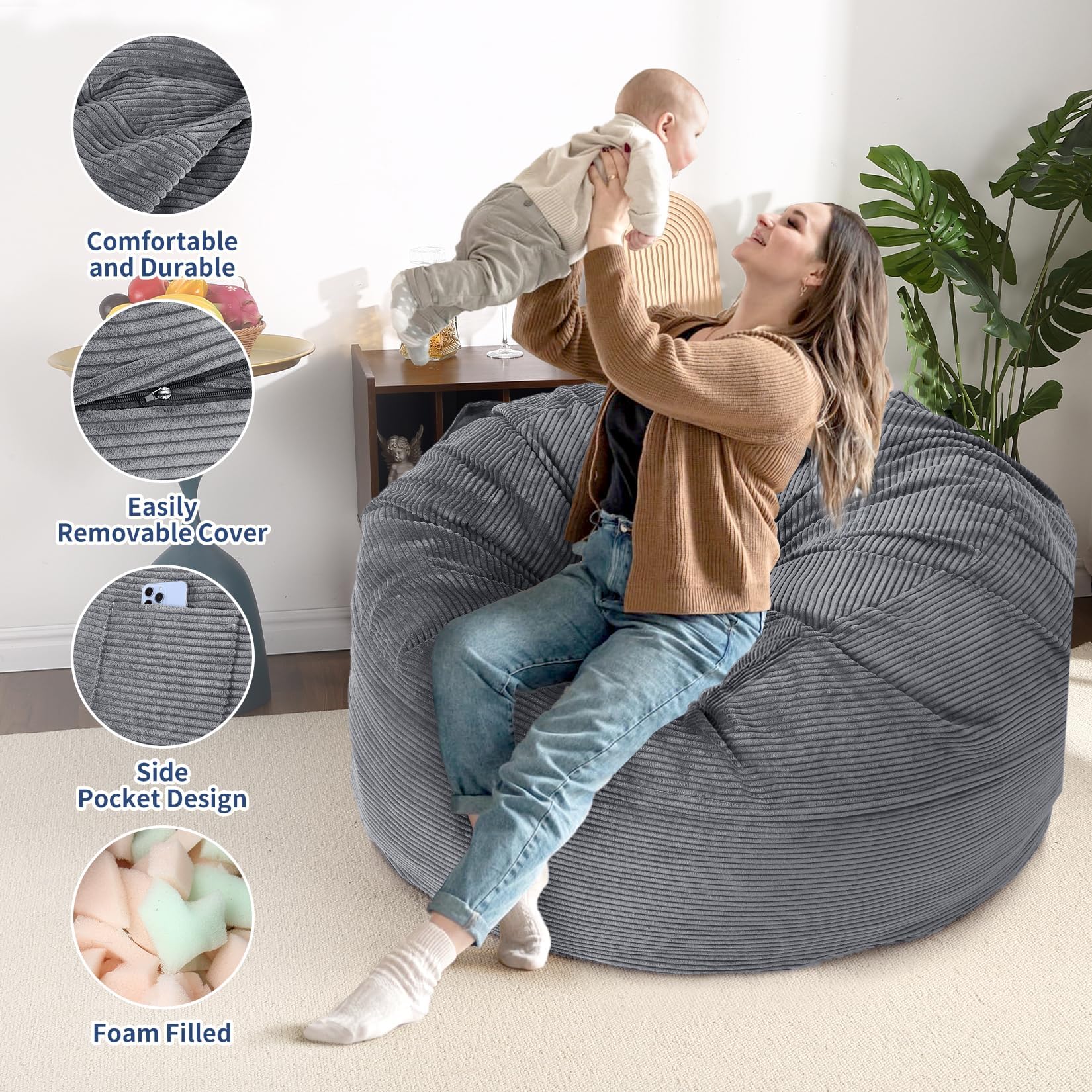 Garvee Sillón Puf Gigante De Pana para Adultos: Sofá Convertible En Colchón, Espuma De Alta Densidad, Funda Extraíble y Lavable