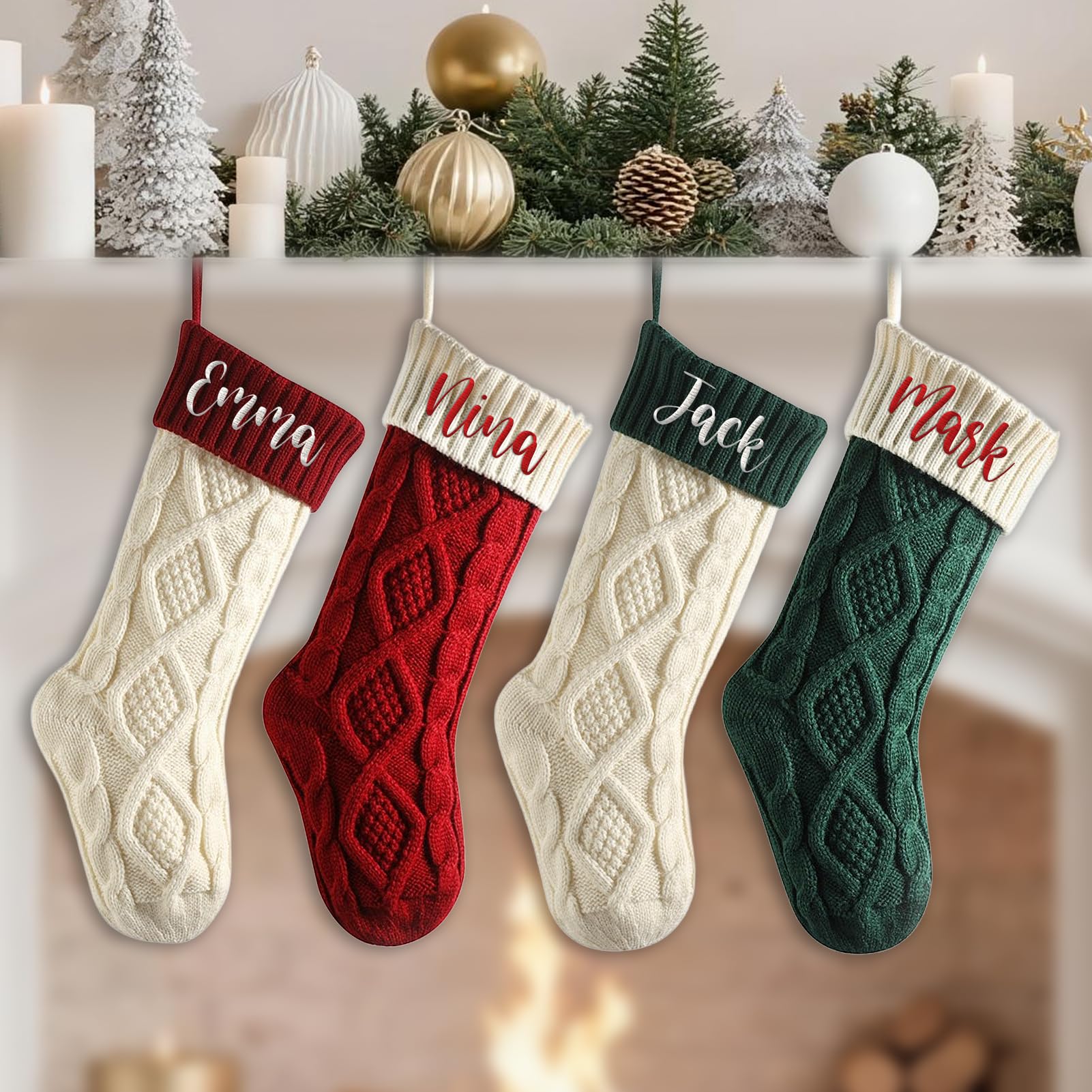 Calcetines Navidad Personalizados - Calcetin Navidad Personalizado con Nombre, Personalizados Medias Navideñas Colgantes, Decoraciones Personalizado para Familiares de Fiesta (4 Piezas)