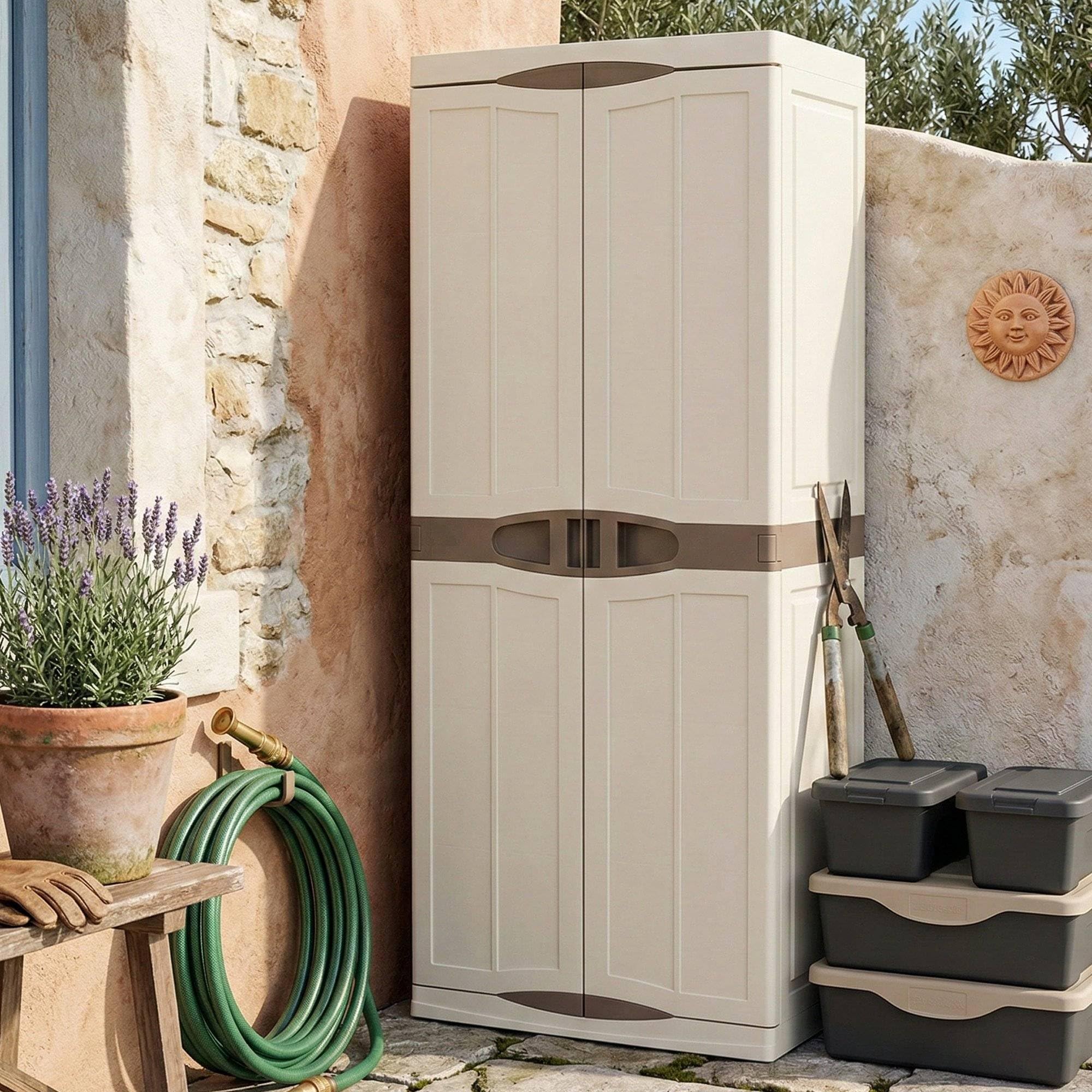 Dmora - Armadio da esterno Avelgem, Armadio balcone multiuso, Mobile porta scope 2 ante, 100% Made in Italy, 70x47h178 cm, Beige e Marrone, Finitura elegante