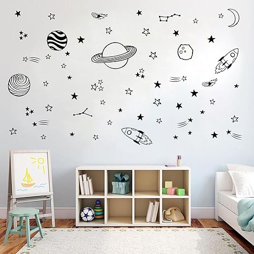 Miniatura 8 de ZzMY Calcomanías de pared espaciales, estrellas, planetas, estrellas fugaces, cohetes, decoración de guardería, arte de pared de vinilo para