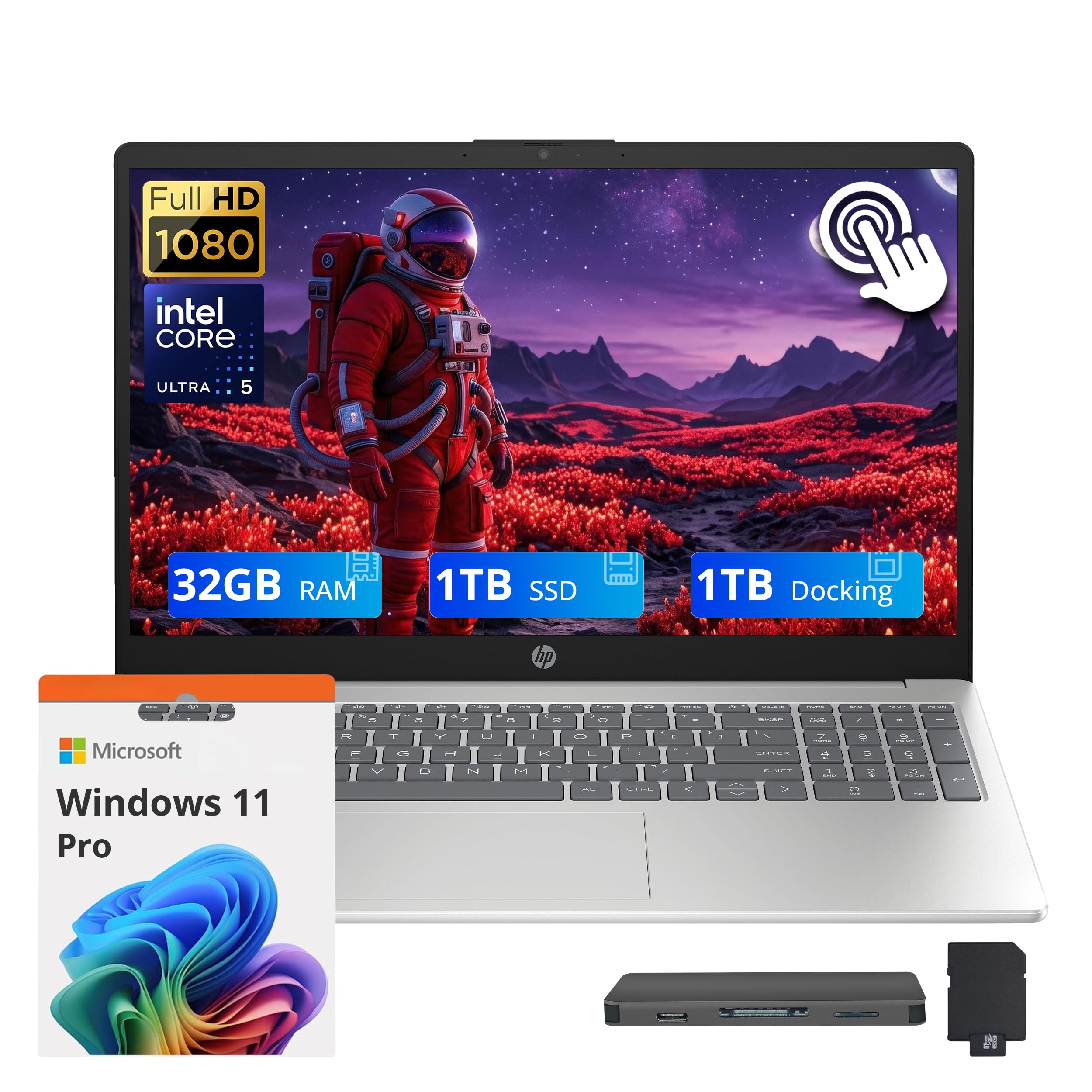 HP 15.6" FHD Touchscreen Laptop, Intel Ultra 5 125H, Intel Iris Xe Graphics, 32GB DDR5, 2TB Storage (1TB SSD+1TB Docking Station Set), Numeric Keypad, 720p HD Camera, Wi-Fi 6, Win 11 Pro, Silver