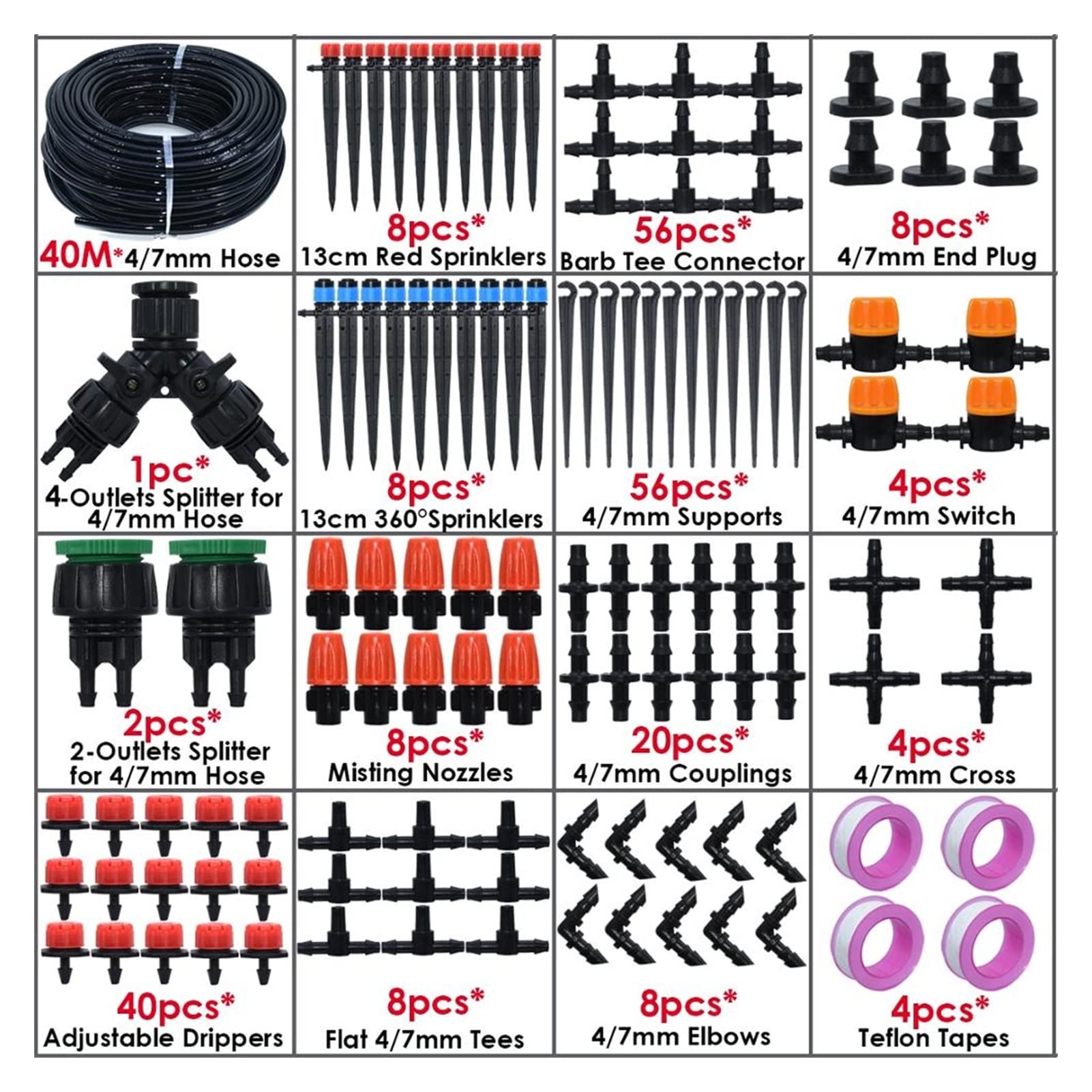 Zestaw do nawadniania kropelkowego 5-50 m DIY Micro Drip System nawadniania 4/7 mm Automatyczny nawadnianie roślin 8/4/2 Outlet Diverter Garden Hose Kit Regulowany Dripper (Kolor: KSL01-KIT290-40M)