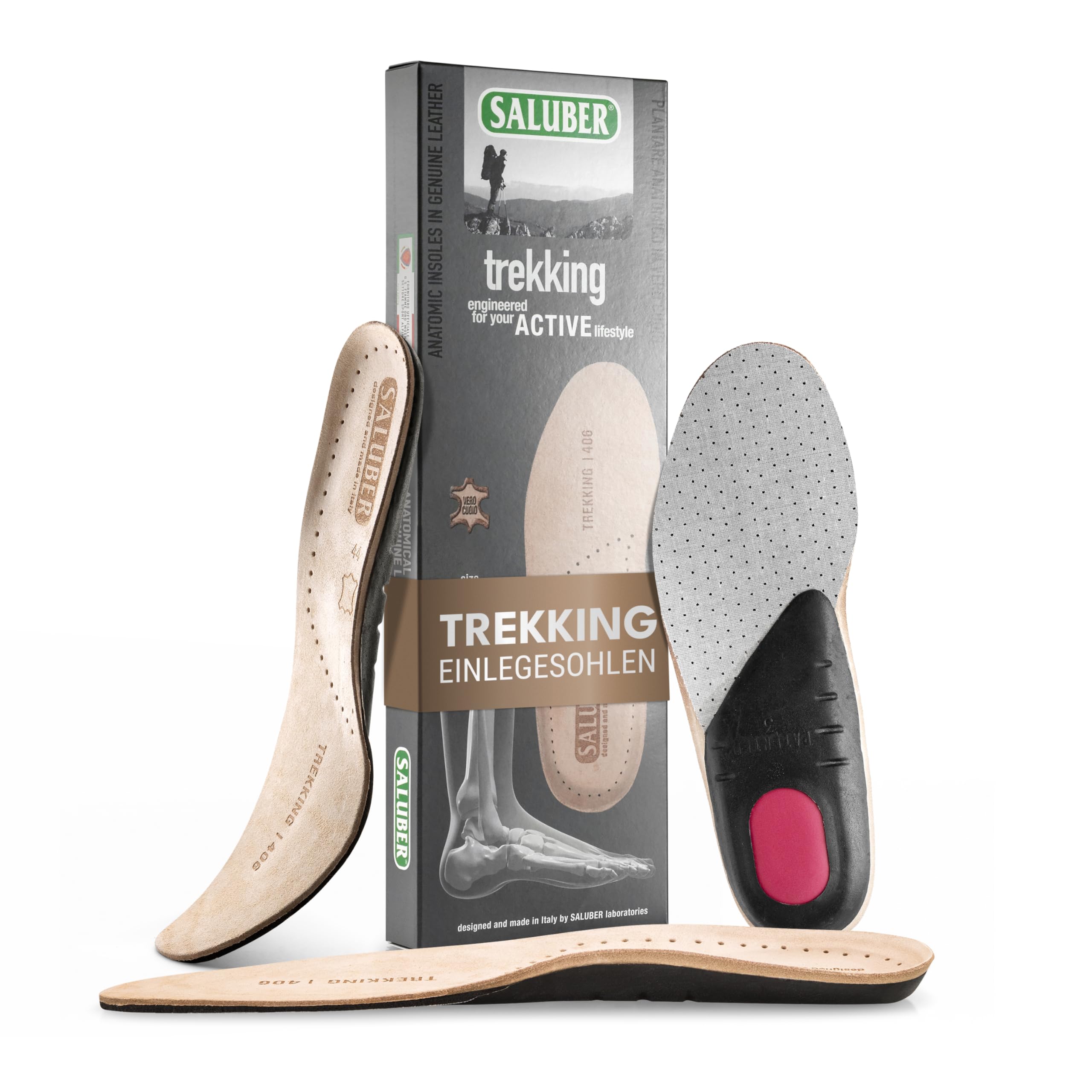 Saluber Einlegesohlen Herren & Damen Active 406 Gr. 39 | Echtleder für ein frisches Fußklima | dämpfende Einlegesohlen mit Poron+ Technologie | robuste Schuhsohlen Made in Italy